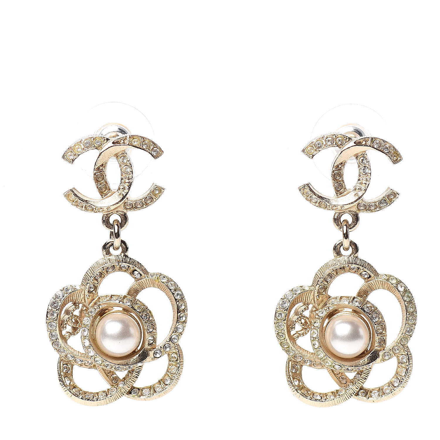 CHANEL Crystal Pearl Camellia CC Drop Earrings Gold 527814 | FASHIONPHILE