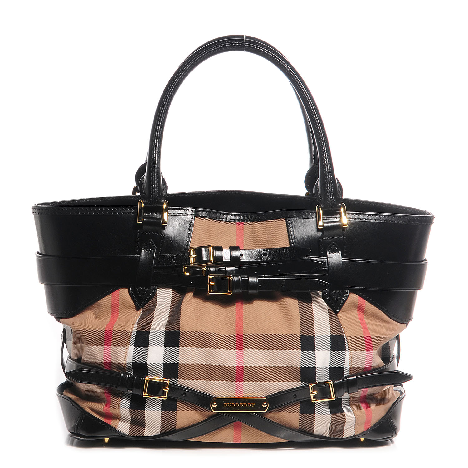 BURBERRY Leather Bridle Medium House Check Lynher Tote Black 88752 ...