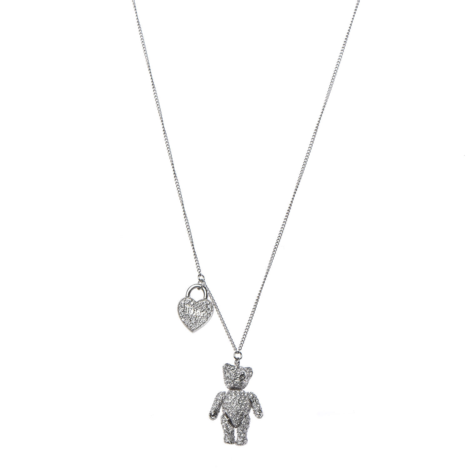 CHRISTIAN DIOR Crystal Teddy Bear Heart Necklace Silver 378265