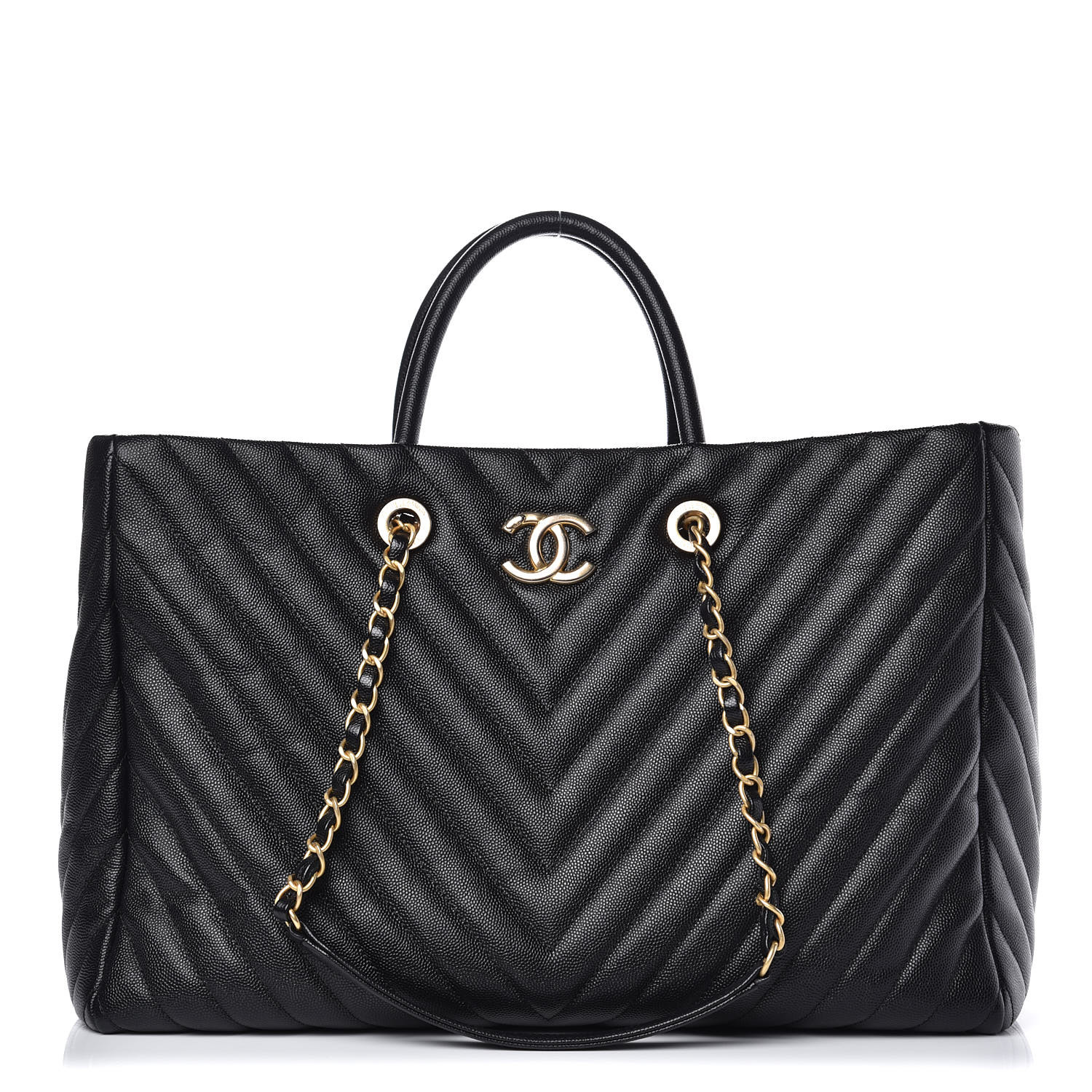 CHANEL Caviar Chevron Quilted Coco Handle Shopping Tote Black 379106