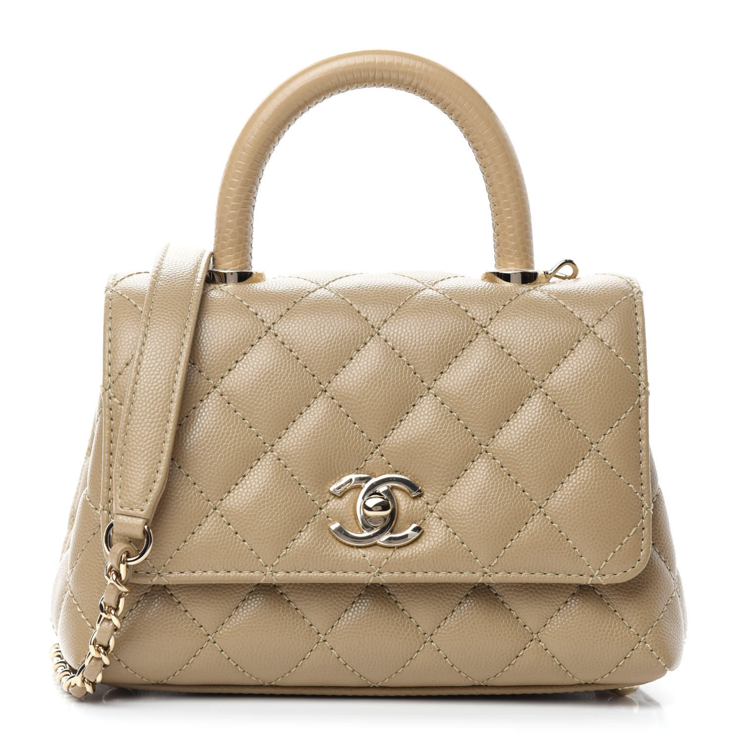 Chanel Caviar Lizard Embossed Quilted Extra Mini Coco Handle Flap Dark Beige Fashionphile