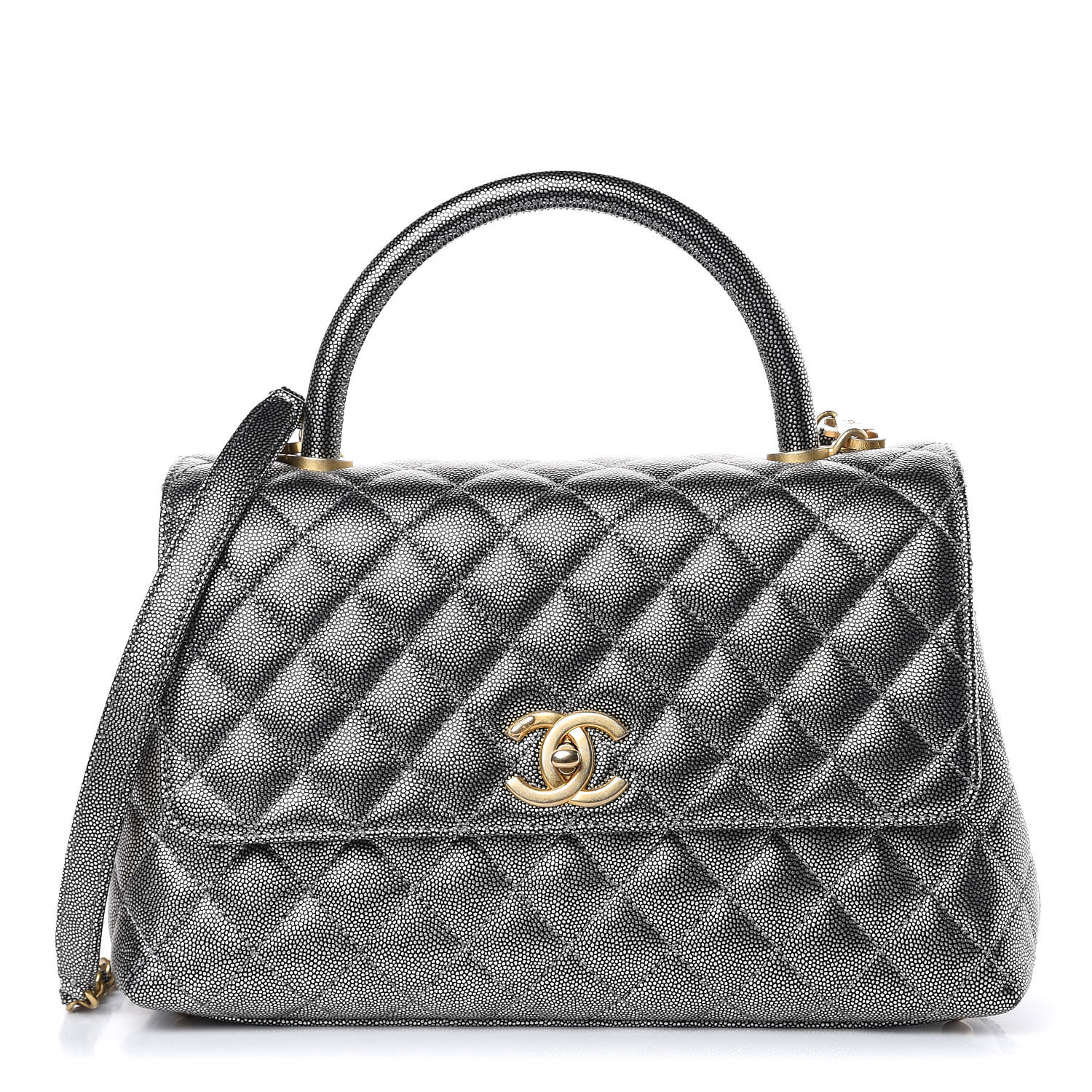 Chanel Metallic Caviar Quilted Small Coco Handle Flap Silver Fashionphile