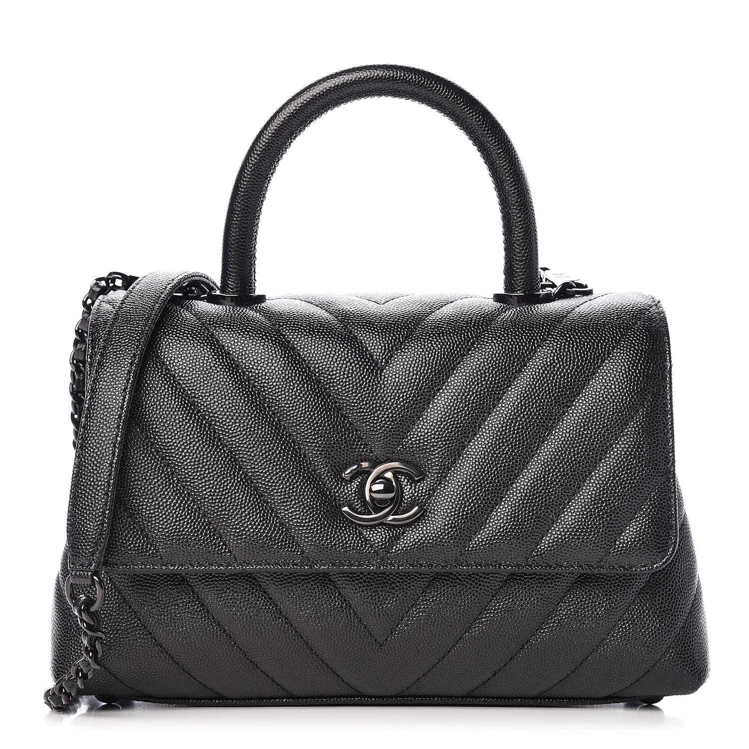 CHANEL Caviar Chevron Quilted Mini Coco Handle Flap So Black 409431