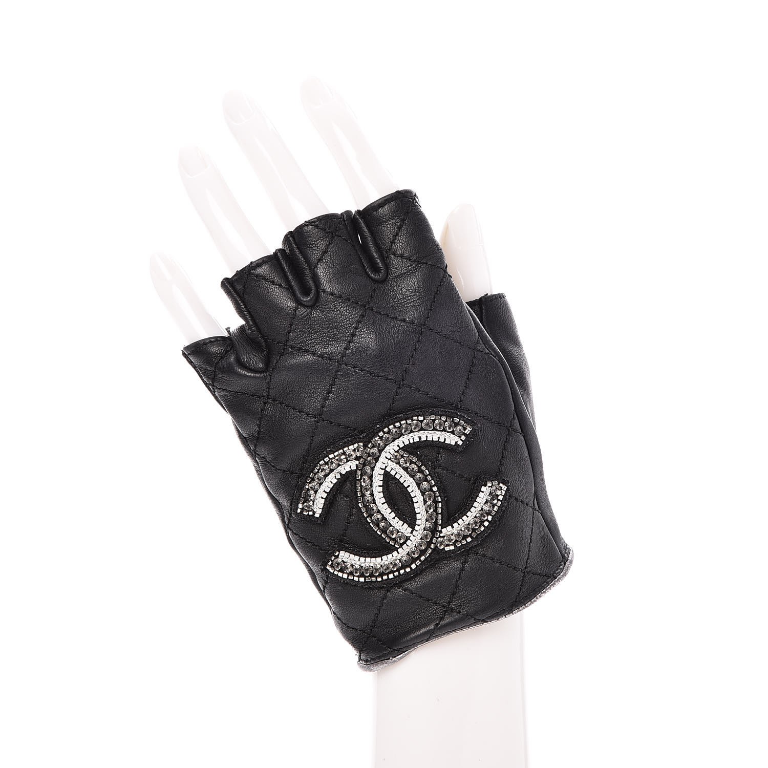 CHANEL Lambskin Stitched Fingerless CC Embellished Gloves 7 Black ...