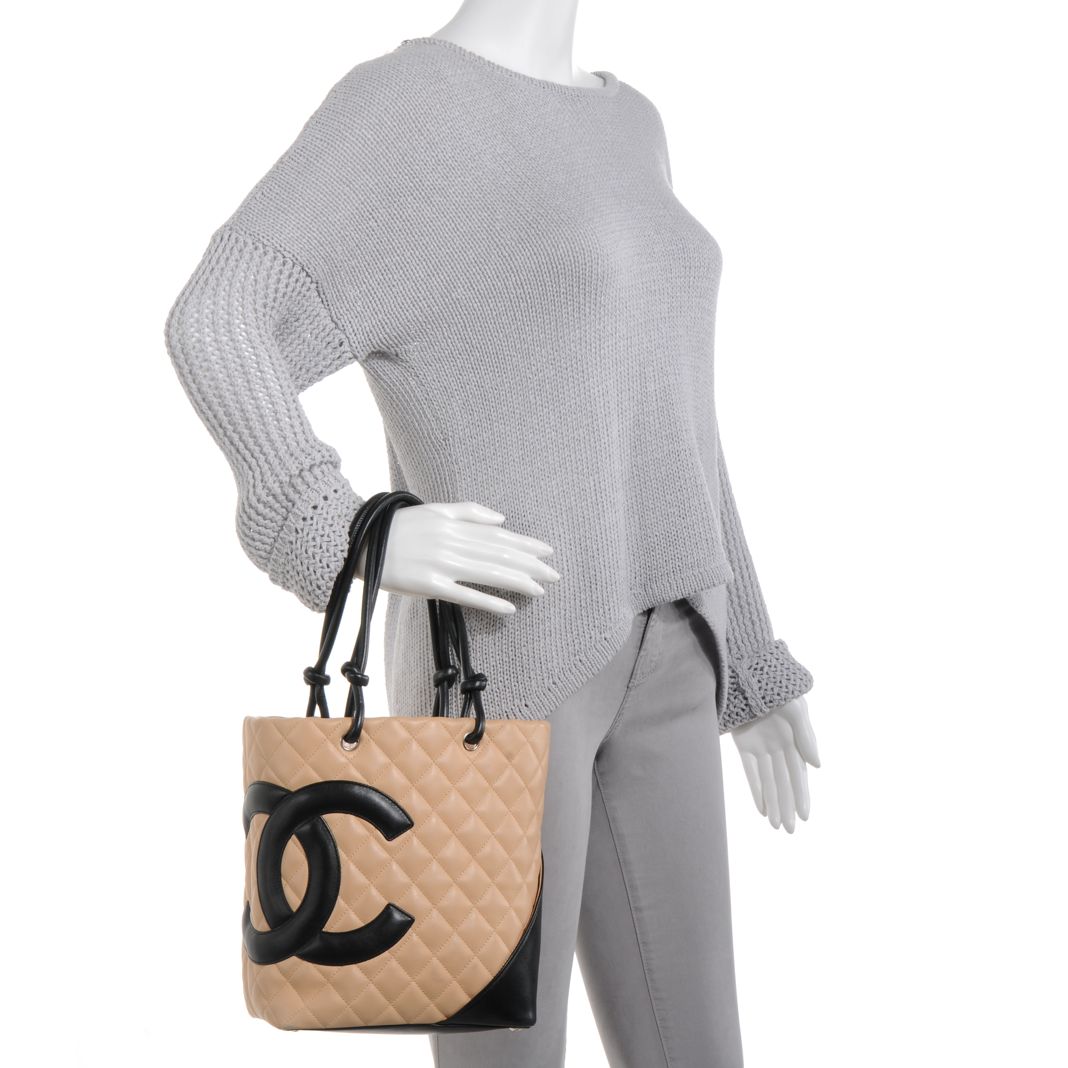 CHANEL Calfskin Quilted Small Cambon Tote Beige Black 60662