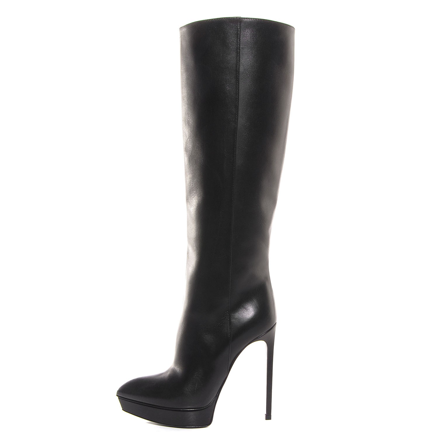 SAINT LAURENT Leather Mid-Heel Knee High Boots 36.5 Black 90747