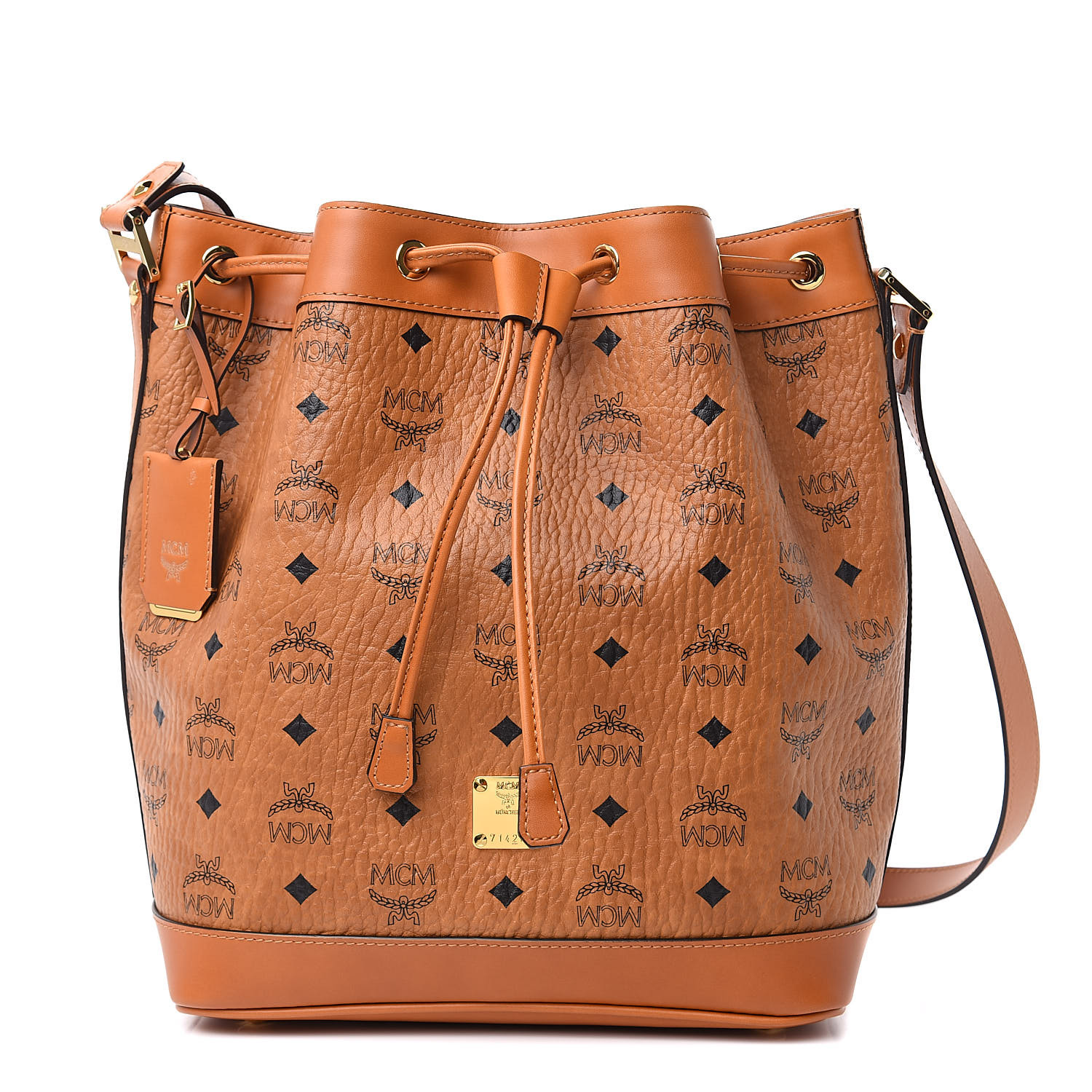 MCM Visetos Small Heritage Drawstring Bucket Bag Cognac 507528