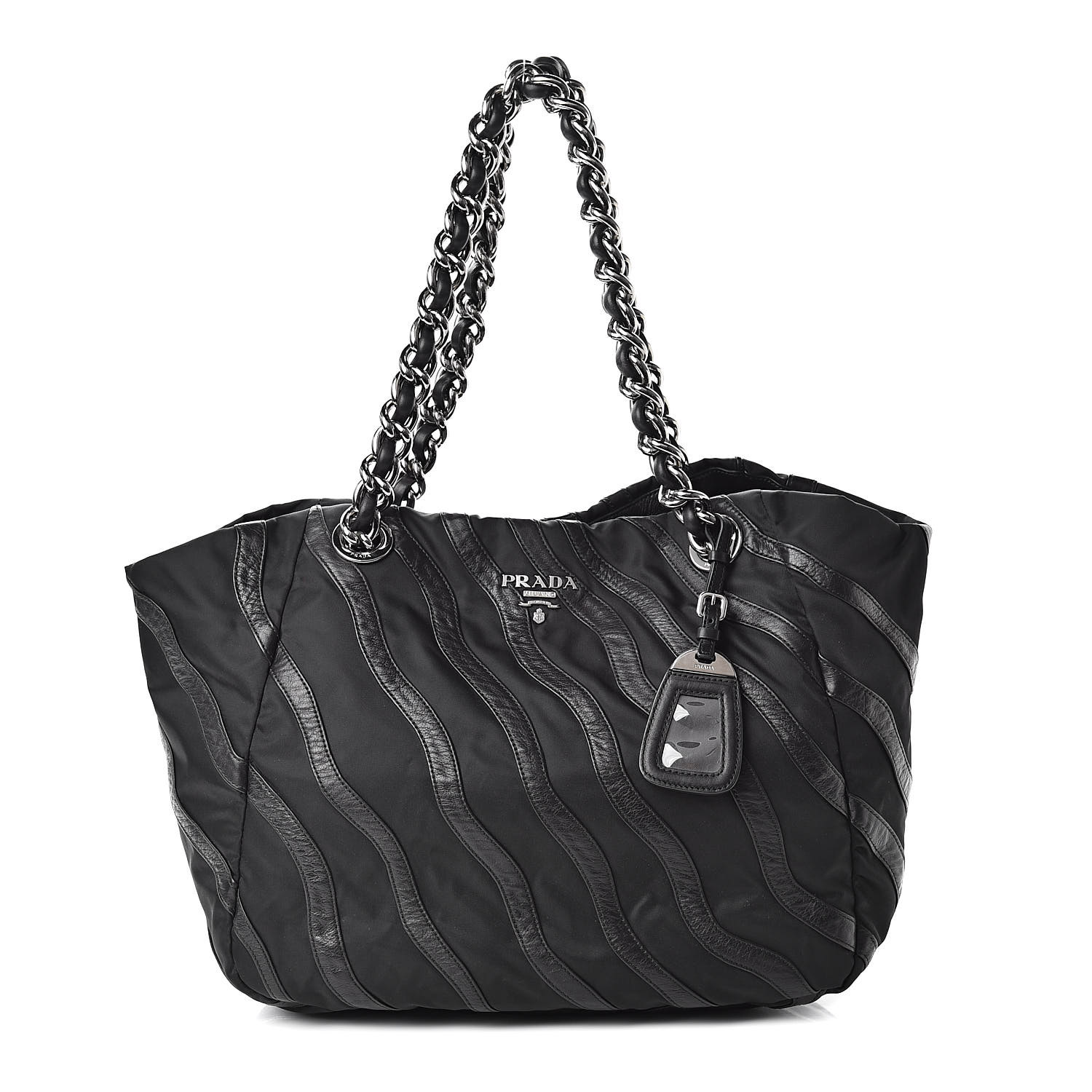PRADA Tessuto Nylon Calfskin Chain Shoulder Bag Black 507721