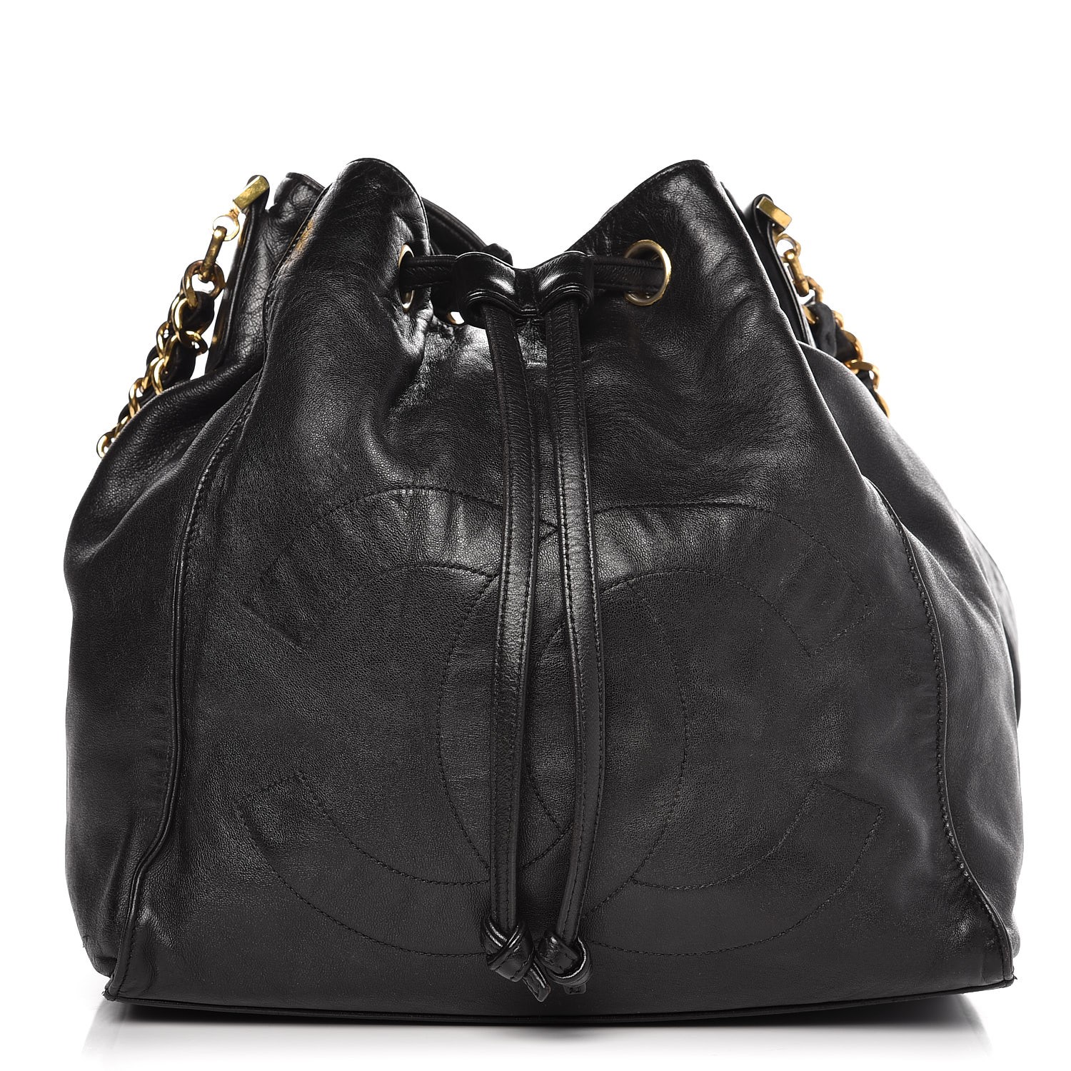 CHANEL Lambskin CC Drawstring Shoulder Bag Black 261250