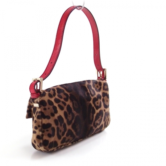 FENDI Calf Hair Leopard Print Baguette Red 11107