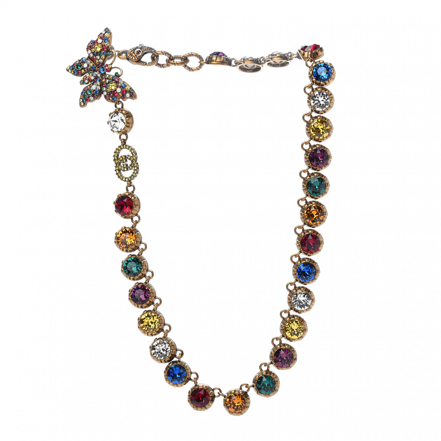 GUCCI Crystal Butterfly Necklace Aged Gold Multicolor 711037 | FASHIONPHILE