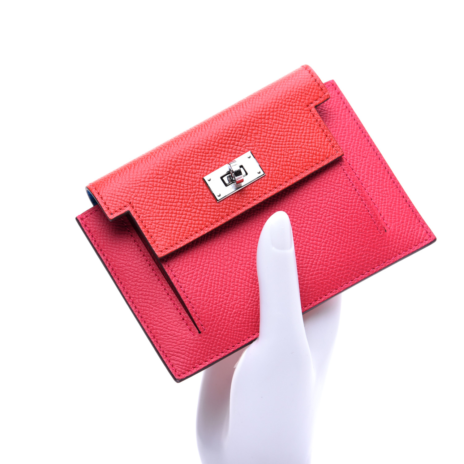 HERMES Epsom Kelly Pocket Compact Wallet Rouge Coeur Rose Extreme Bleu ...