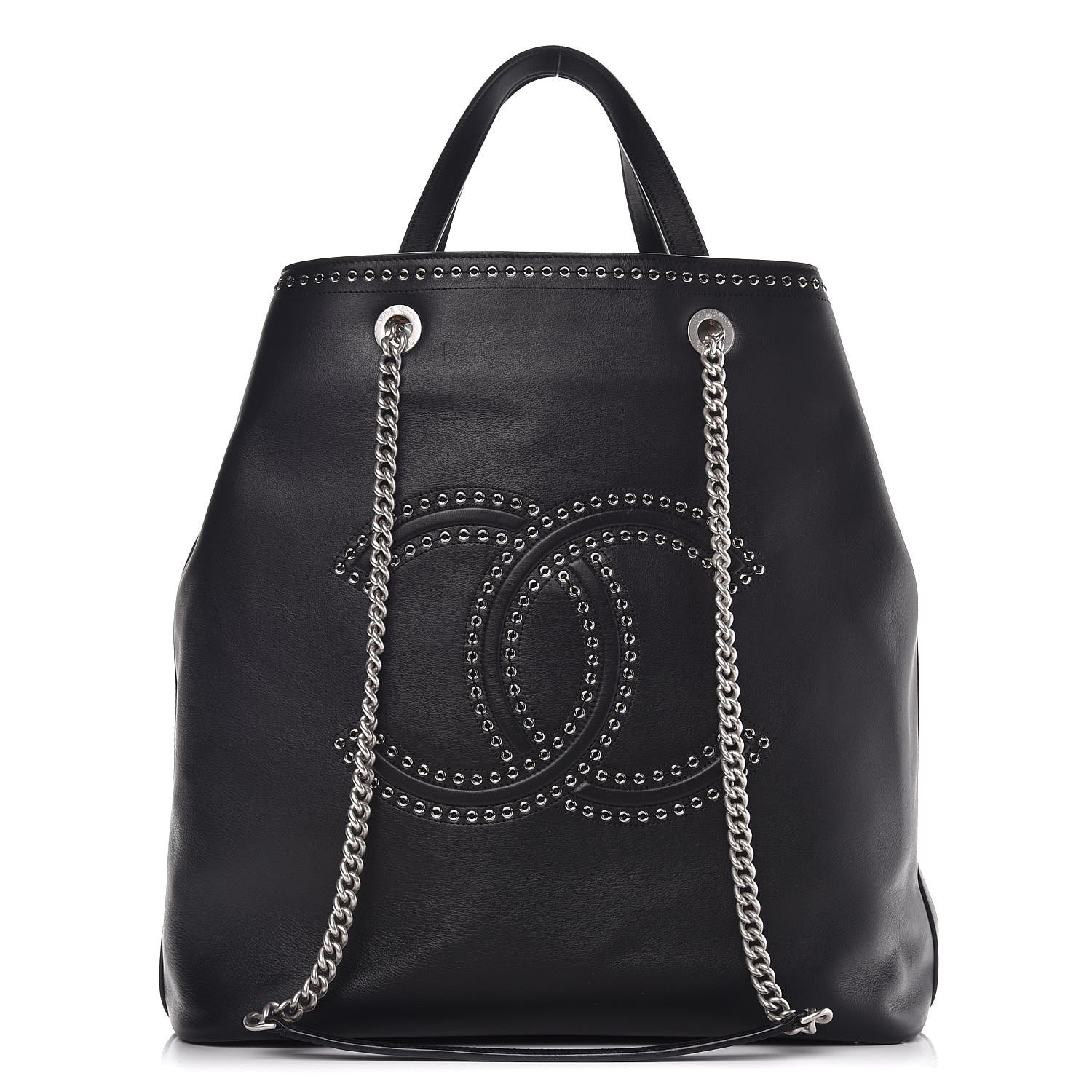 CHANEL Calfskin Coco Eyelets Large Shopping Tote Black 281689