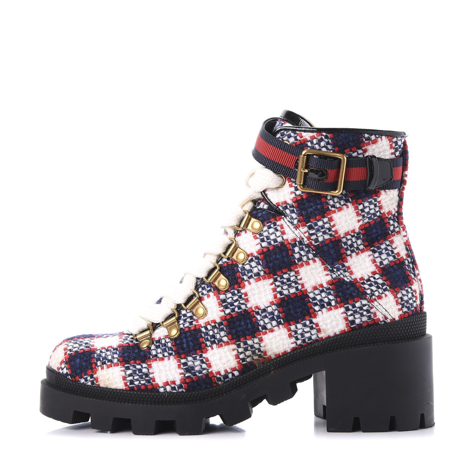 GUCCI Tweed Check Lace Up Combat Ankle 