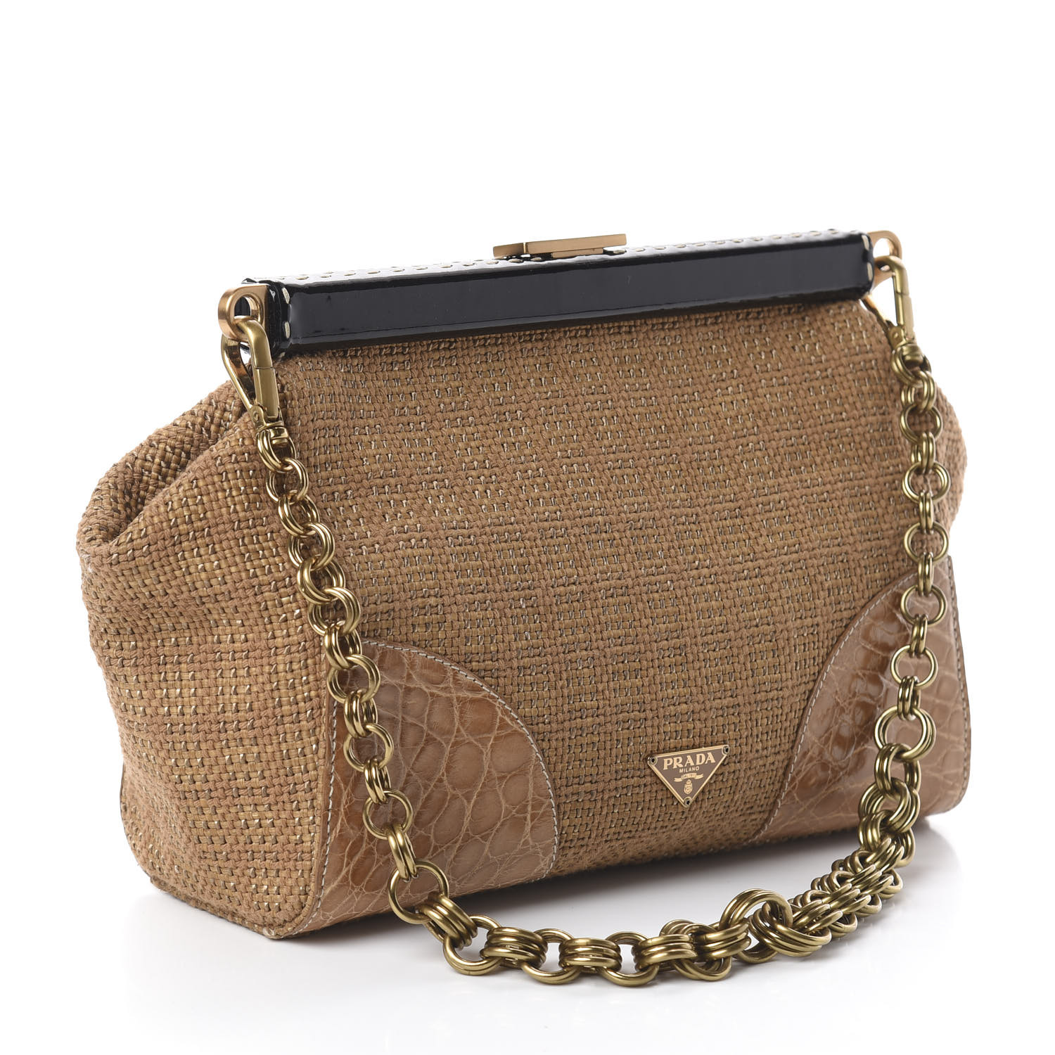 PRADA Straw Crocodile Woven Semitracolla Frame Bag Tabacco Naturale ...