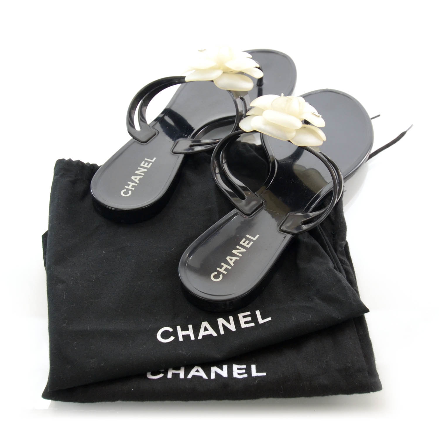 CHANEL Jelly Camellia Thong Sandals 40 Black Ivory 37893