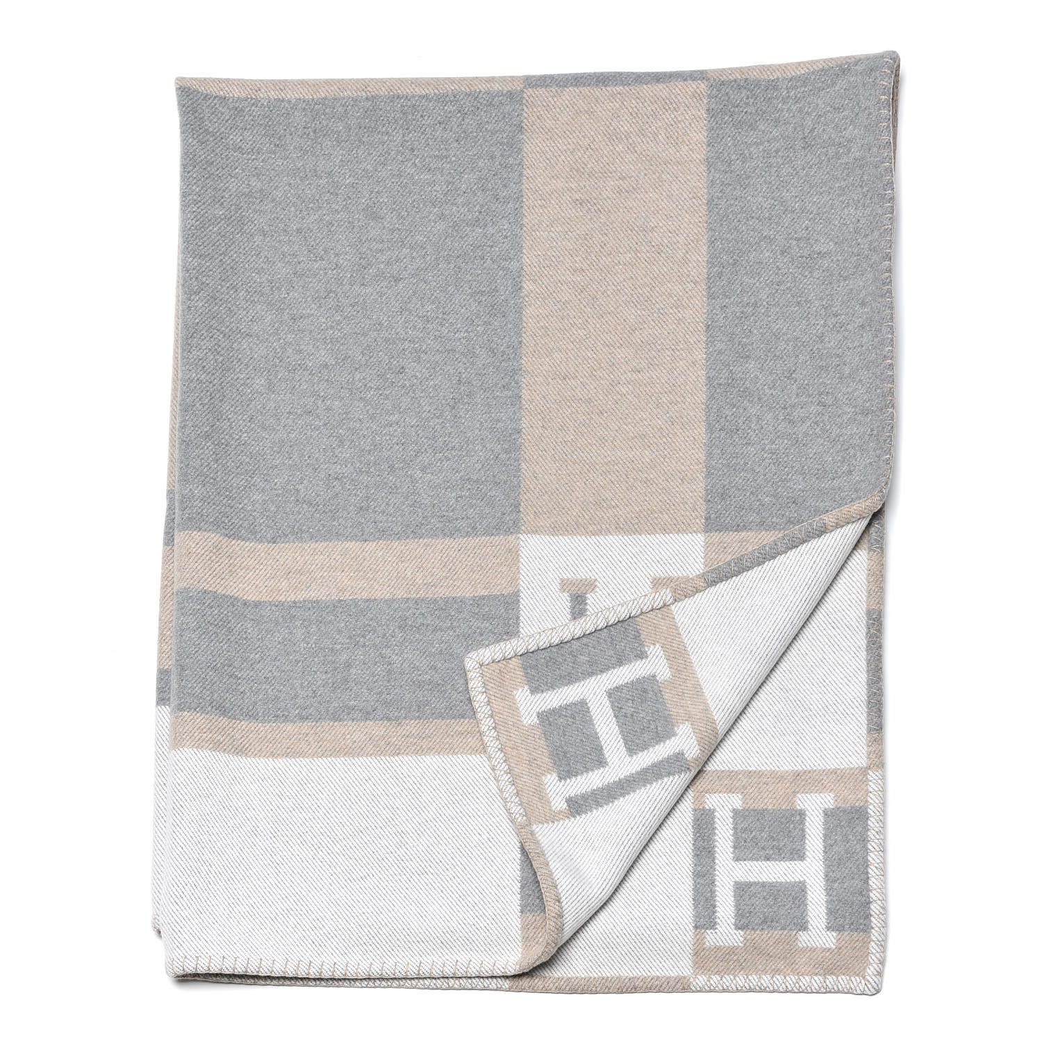 HERMES Wool Cashmere Avalon Bayadere Throw Blanket Natural 400617 ...