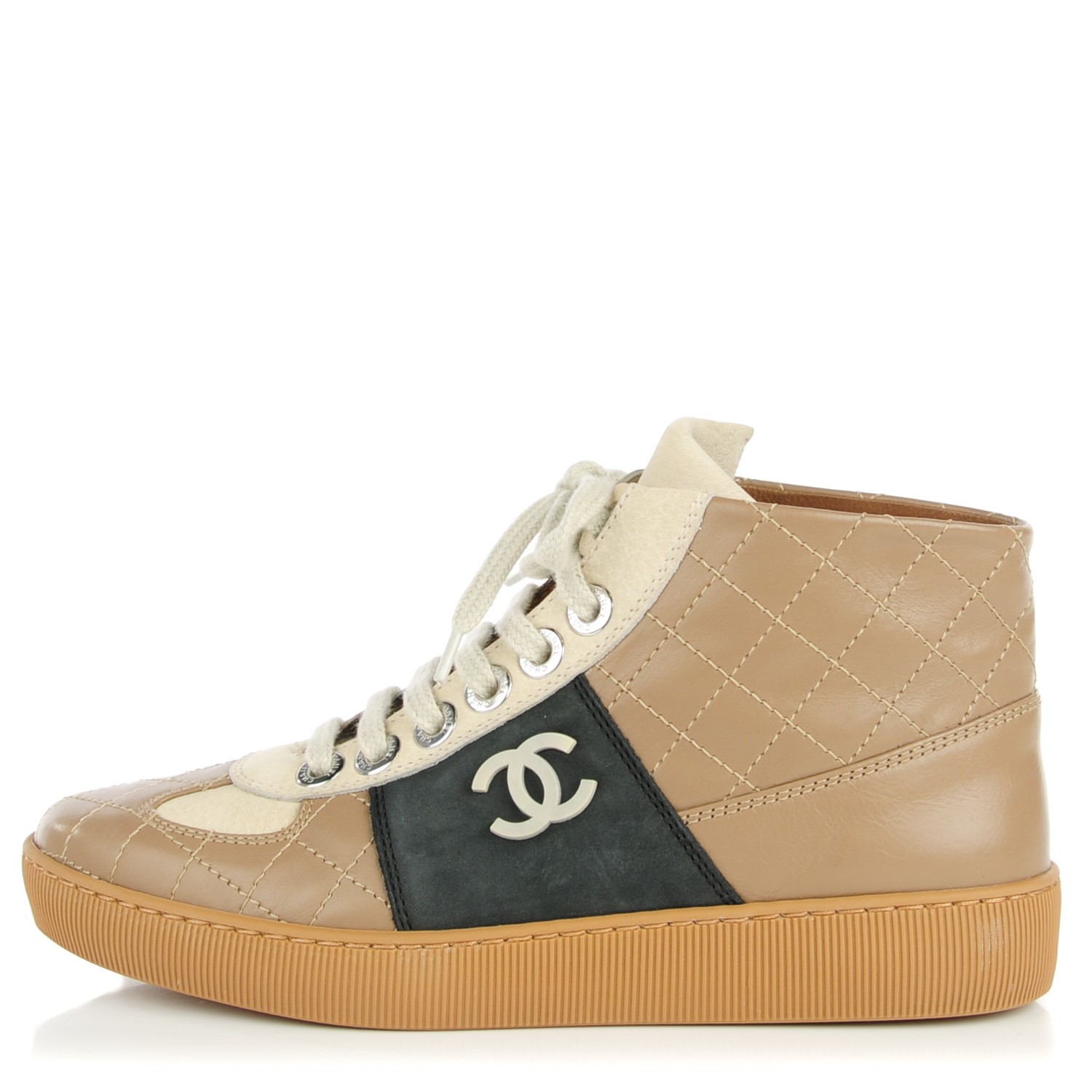 CHANEL Calfskin Quilted Hightop Tennis Shoes 35.5 Light Brown 132102