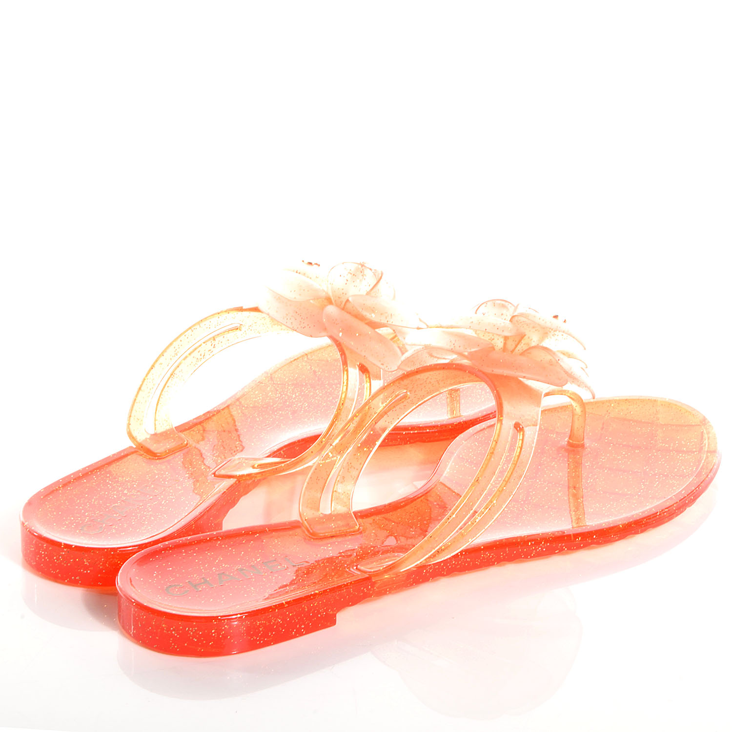 CHANEL Jelly Camellia Glitter Thong Sandals 38 Orange 68558