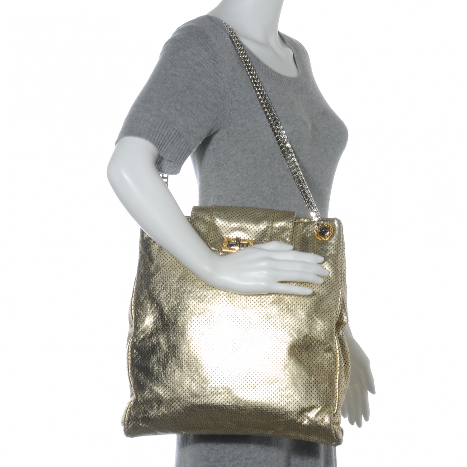 CHANEL Metallic Crackled Calfskin Perforated Drill Shoulder Bag Gold 42052