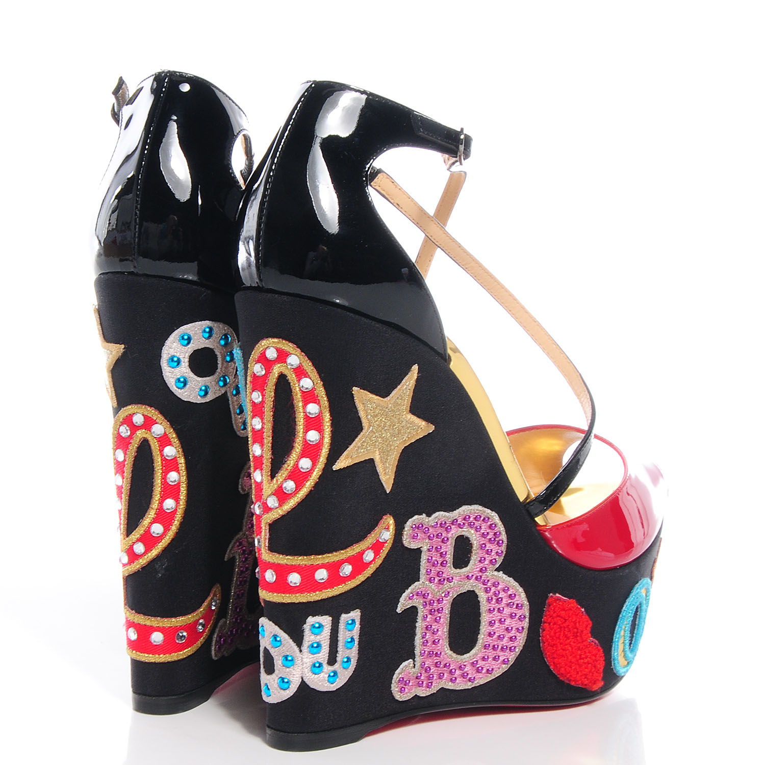 CHRISTIAN LOUBOUTIN Patent Loubi Zeppa 140 Wedges 37.5 Black Red 72087