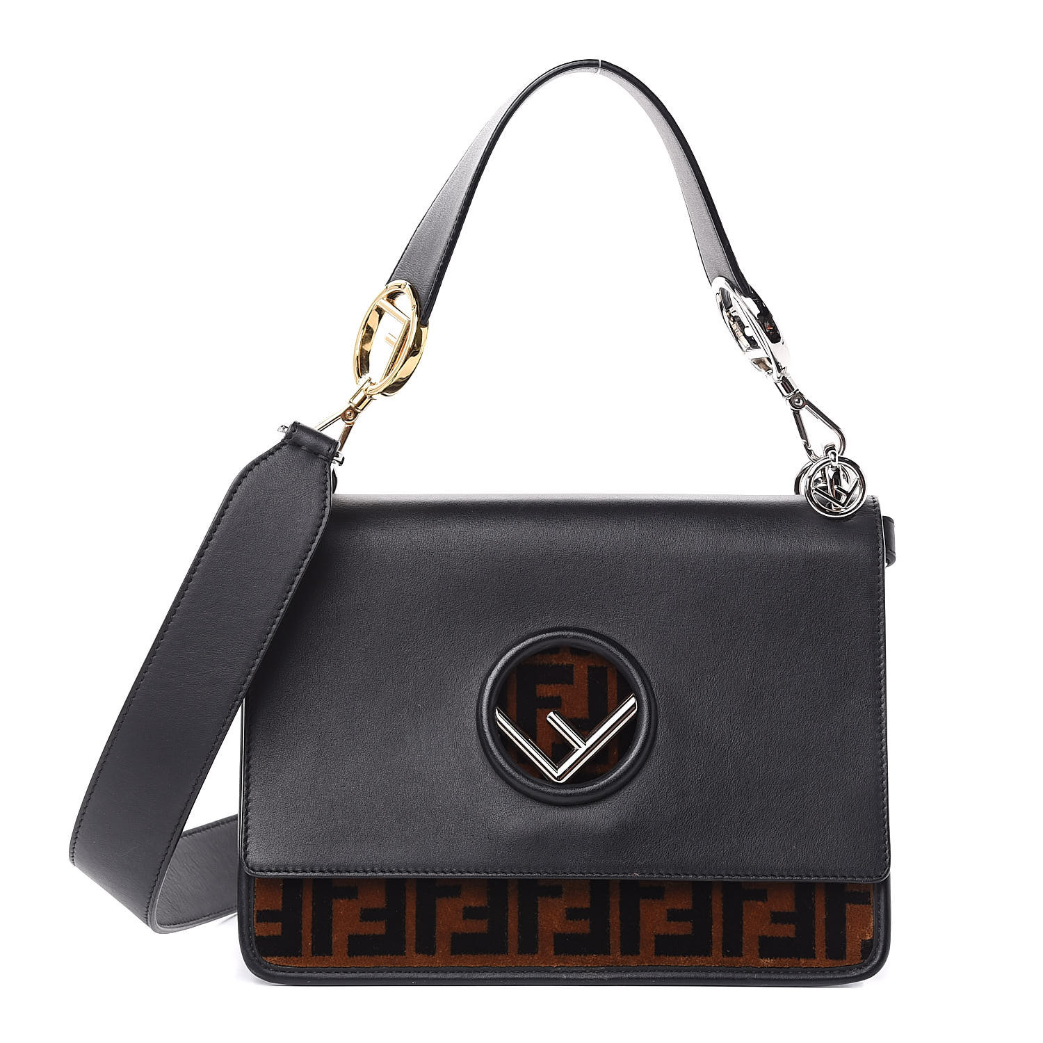 FENDI Calfskin Velvet F is Fendi FF Kan I Shoulder Bag Black Tobacco ...