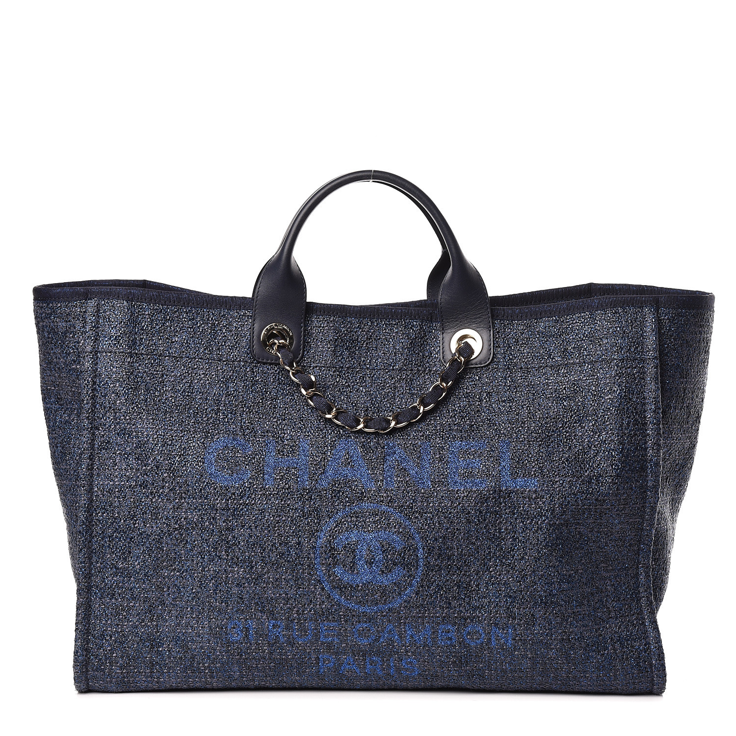 CHANEL Lurex Canvas Large Deauville Tote Navy Blue 466123