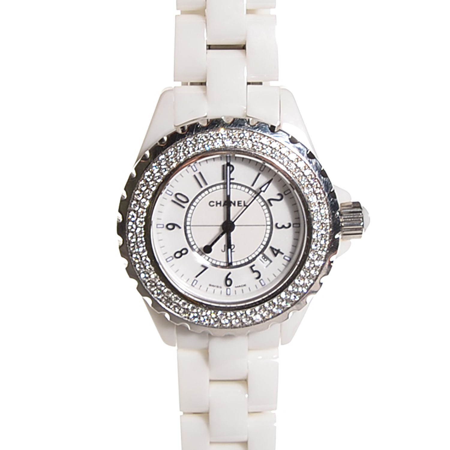 CHANEL J12 33mm Ceramic Diamond Bezel Quartz Watch White 104528