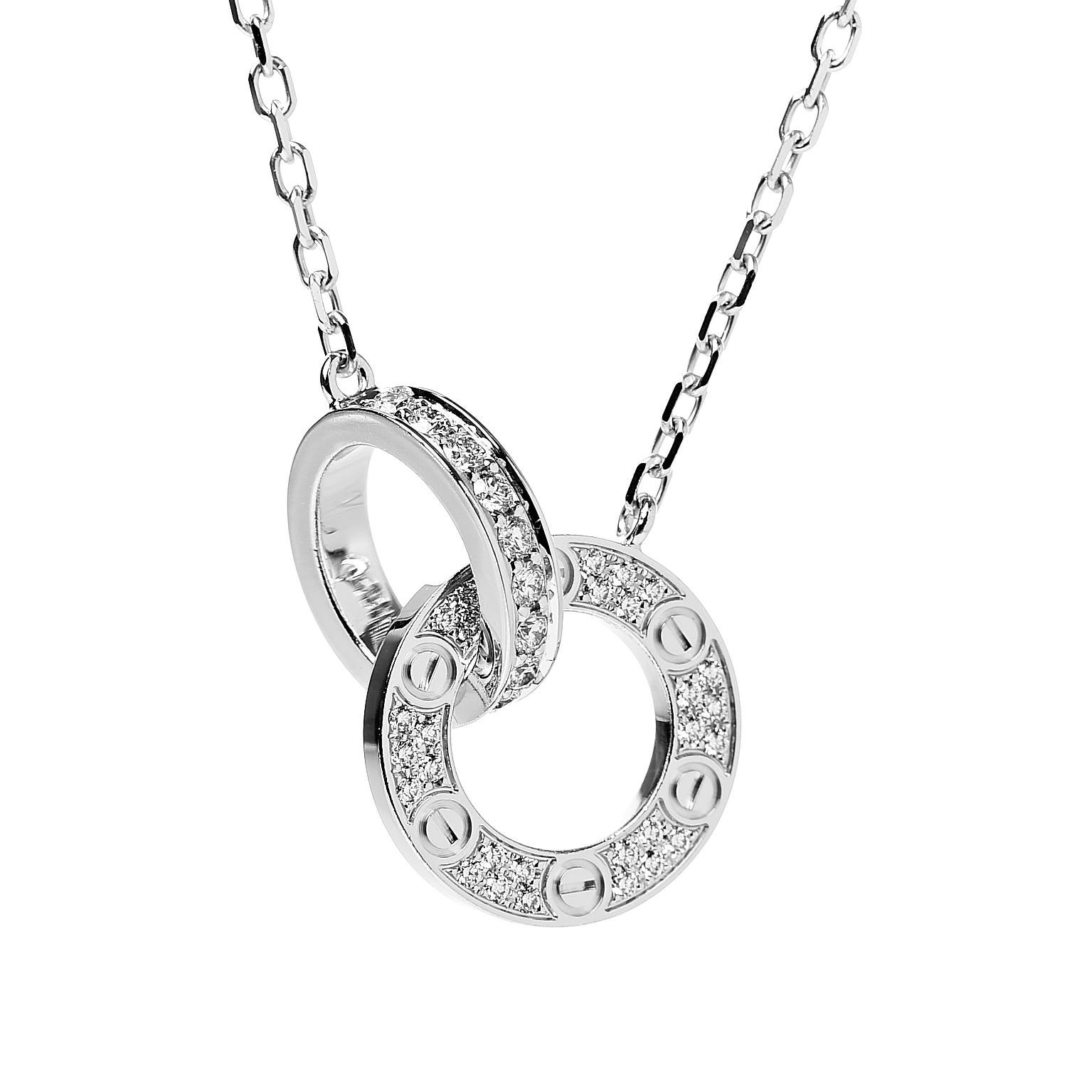 CARTIER 18K White Gold Diamond Interlocking Pave LOVE Necklace 494379