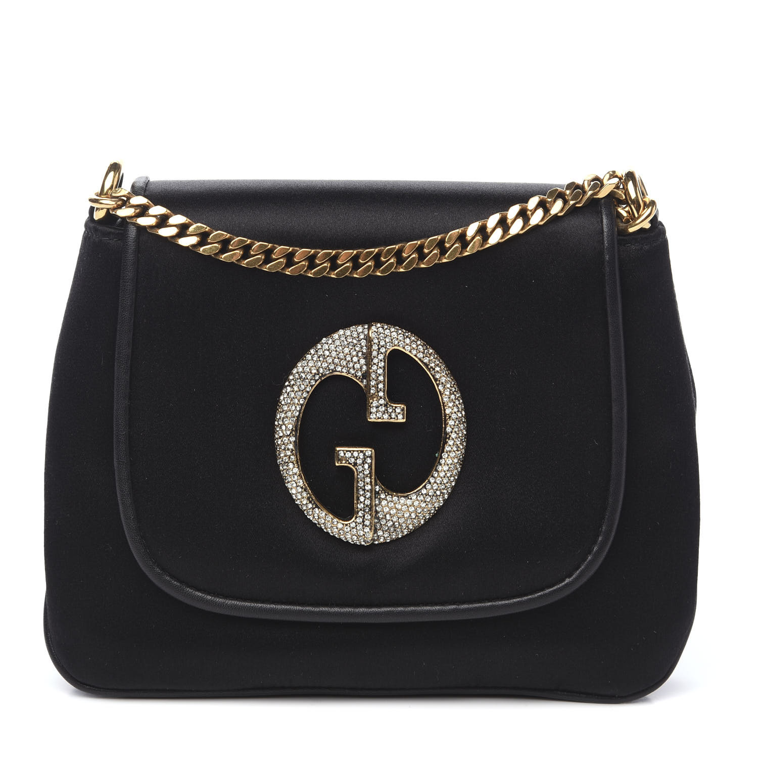 GUCCI Satin Crystal 1973 Small Chain Shoulder Bag Black 576441