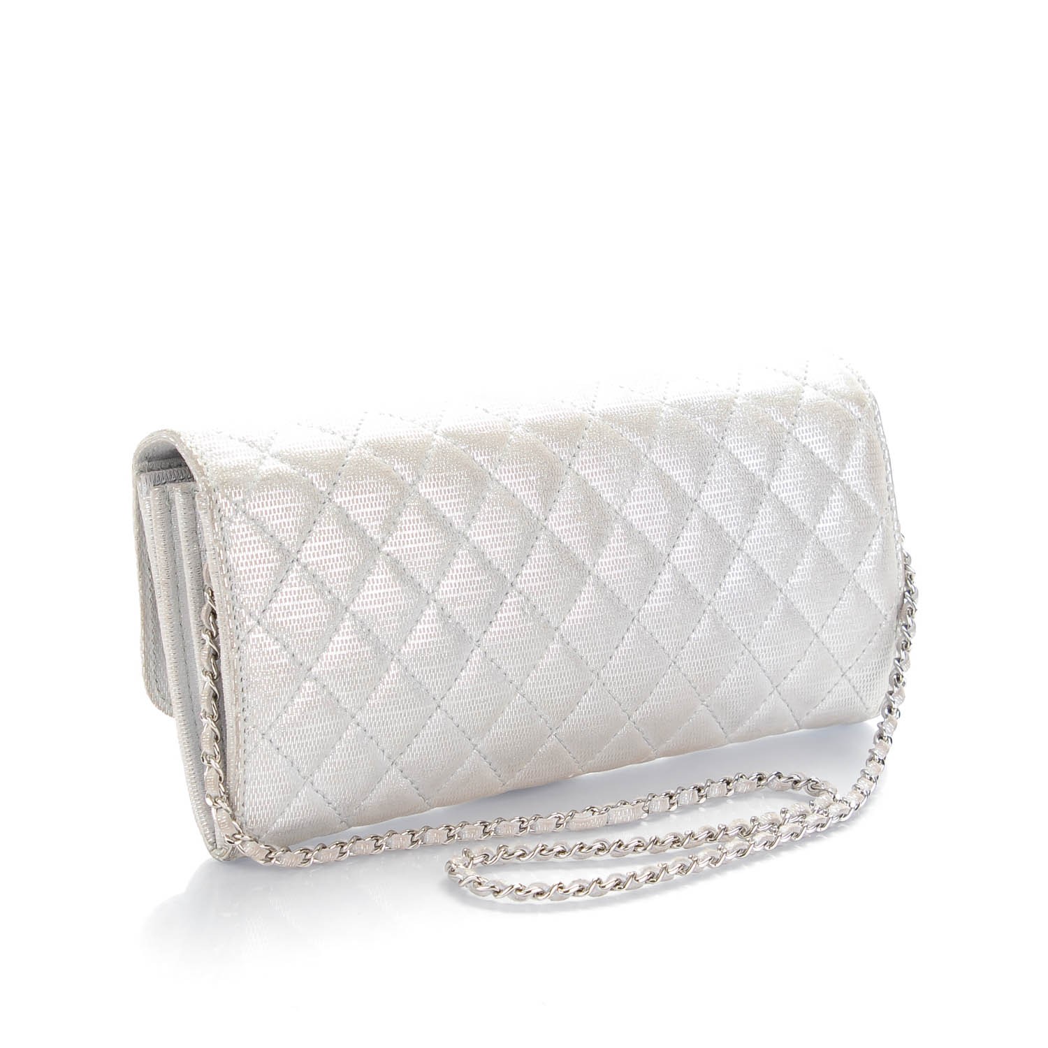 CHANEL Metallic Suede Quilted East West Flap Clutch Silver 142884