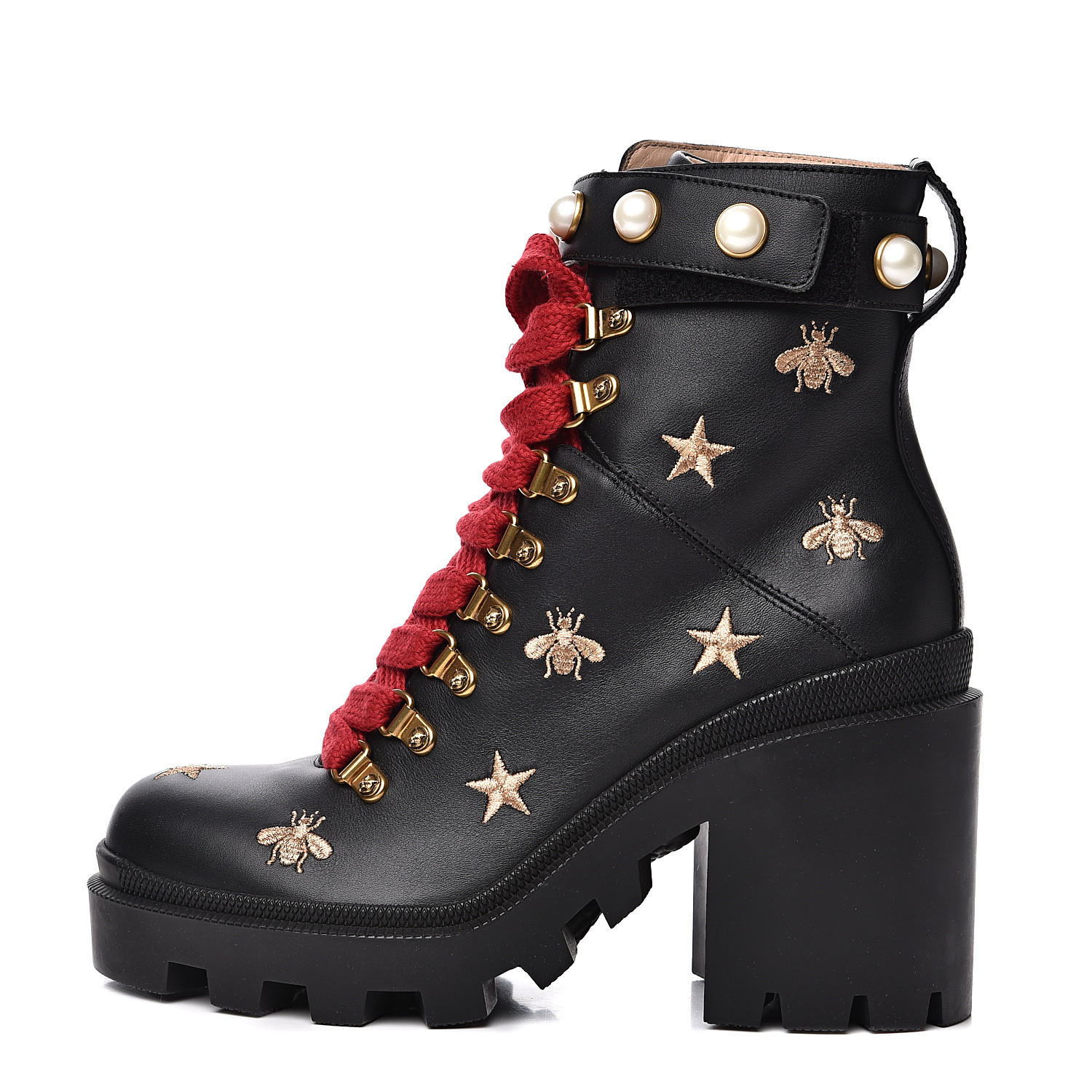 embroidered leather ankle boot with belt gucci