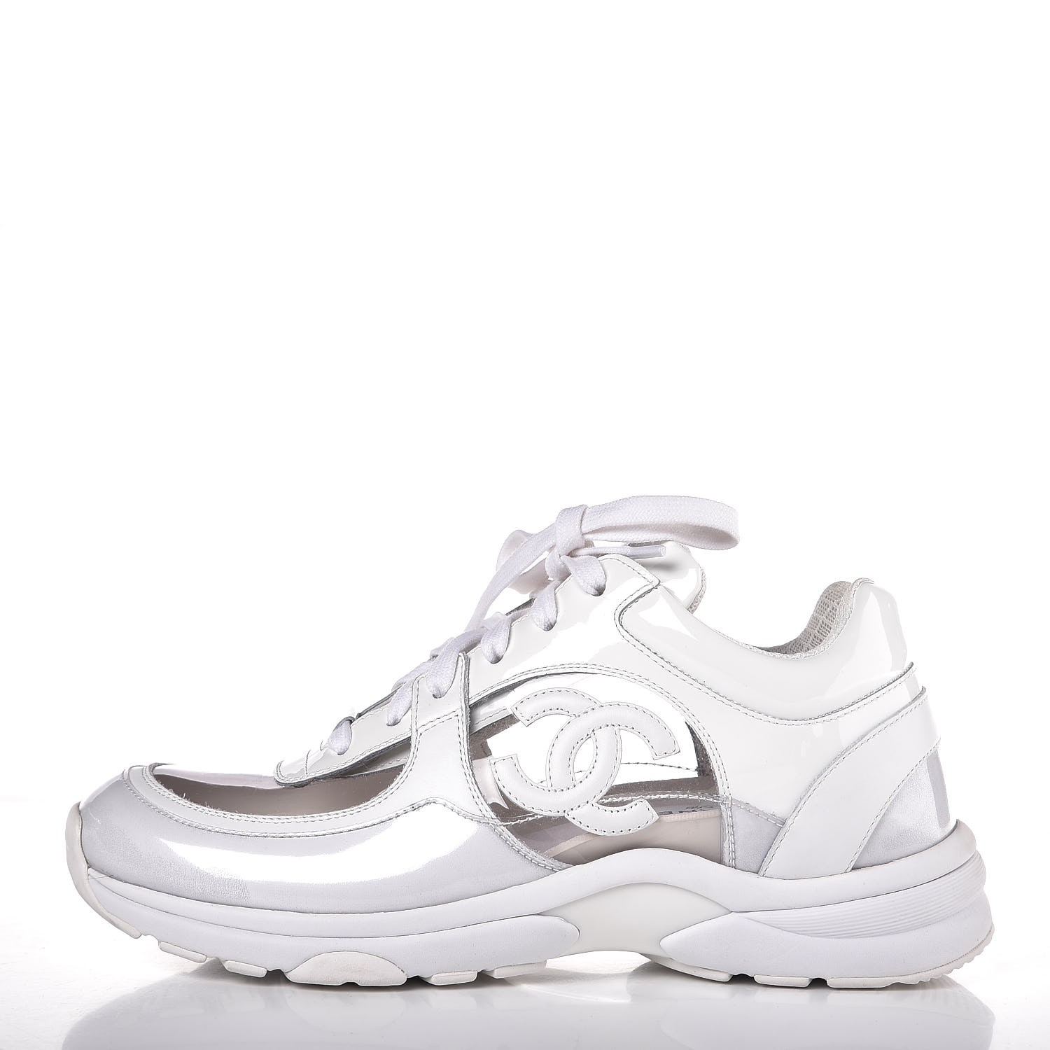 CHANEL Calfskin Patent Transparent Sneakers 38 White 309669