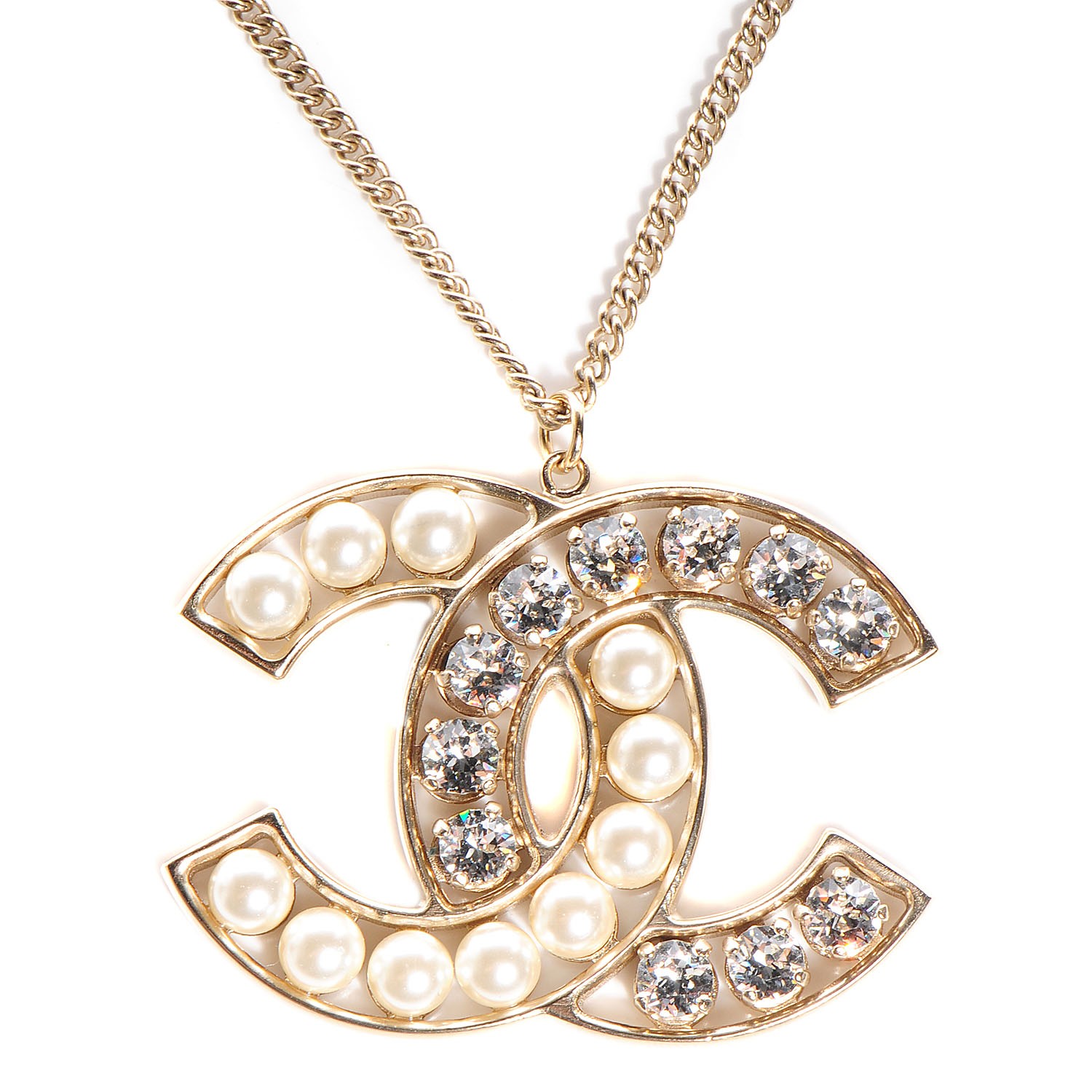 CHANEL Crystal Pearl CC Pendant Necklace Gold 92371