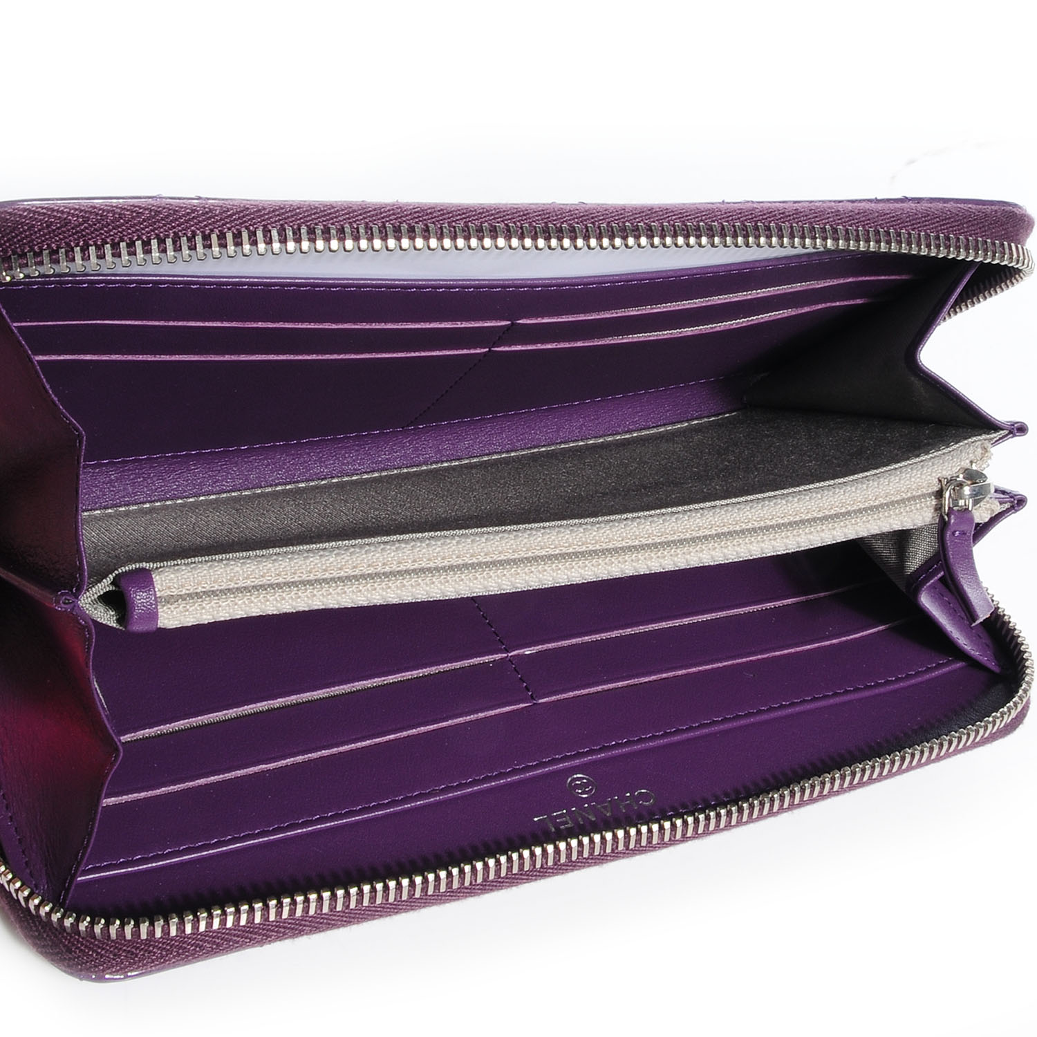 CHANEL Patent Quilted Brilliant Zip Around Wallet Purple 71179