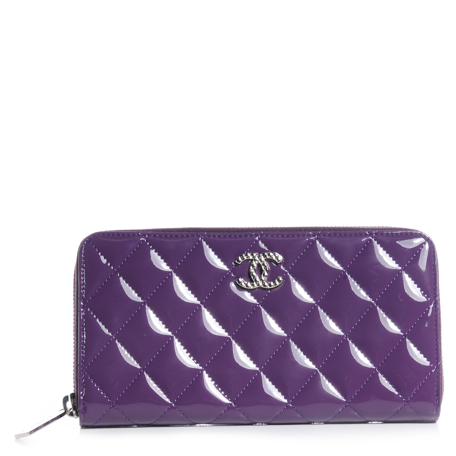 CHANEL Patent Quilted Brilliant Zip Around Wallet Purple 71179