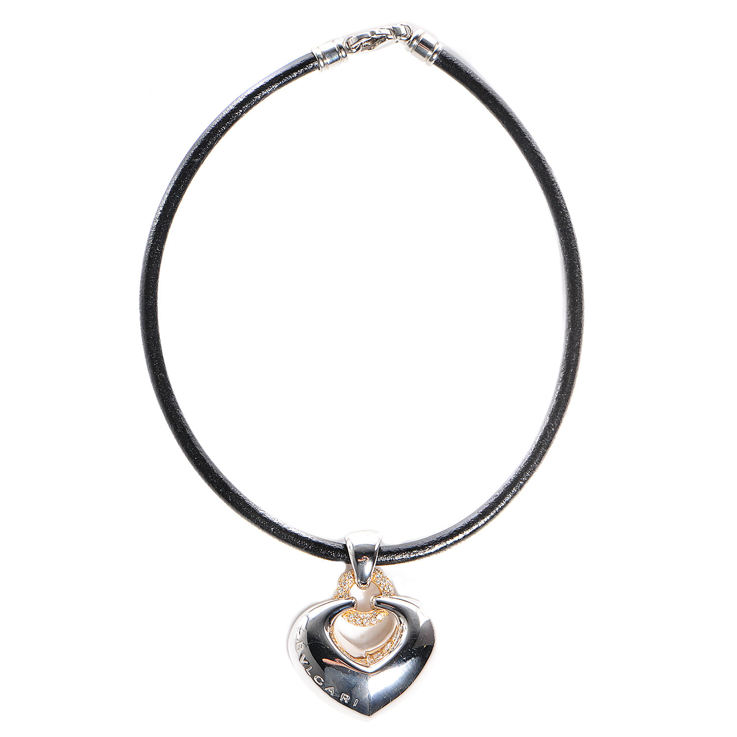 BVLGARI BULGARI 18K Gold Diamond Heart Pendant Cord Necklace 90329