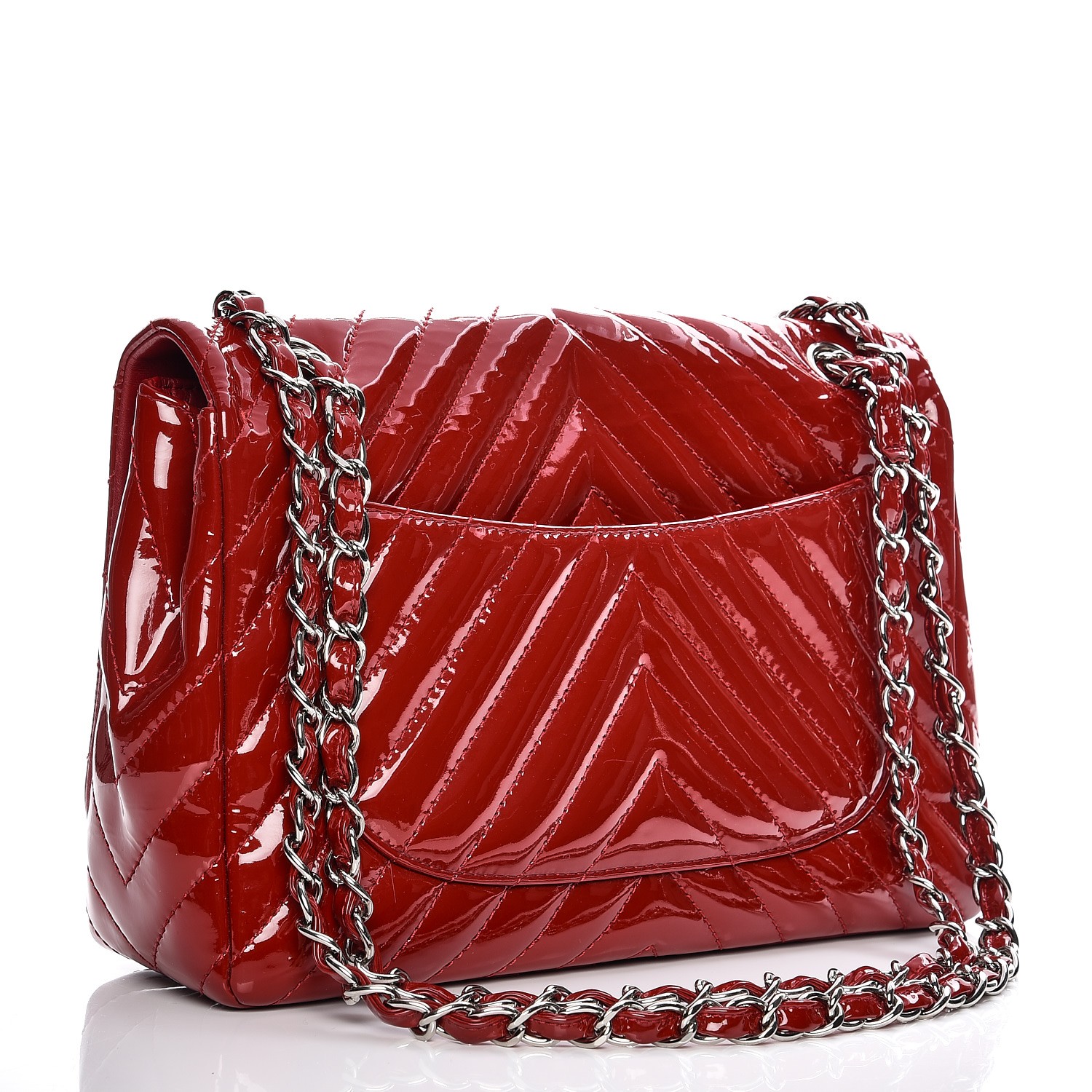 CHANEL Patent Chevron Quilted Jumbo Single Flap Red 217103