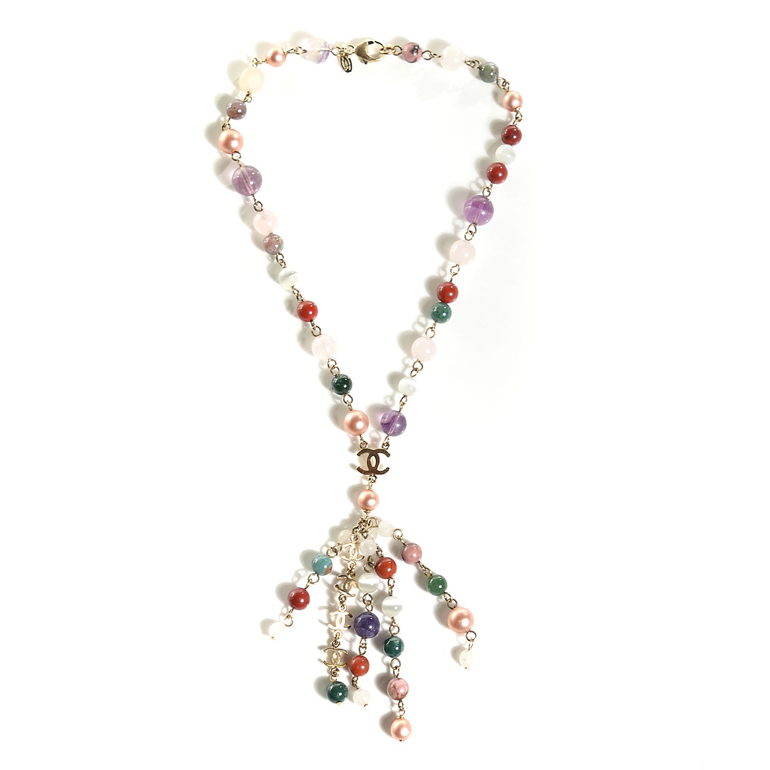 CHANEL Beaded Pearl CC Long Strand Necklace Gold Multicolor 109483