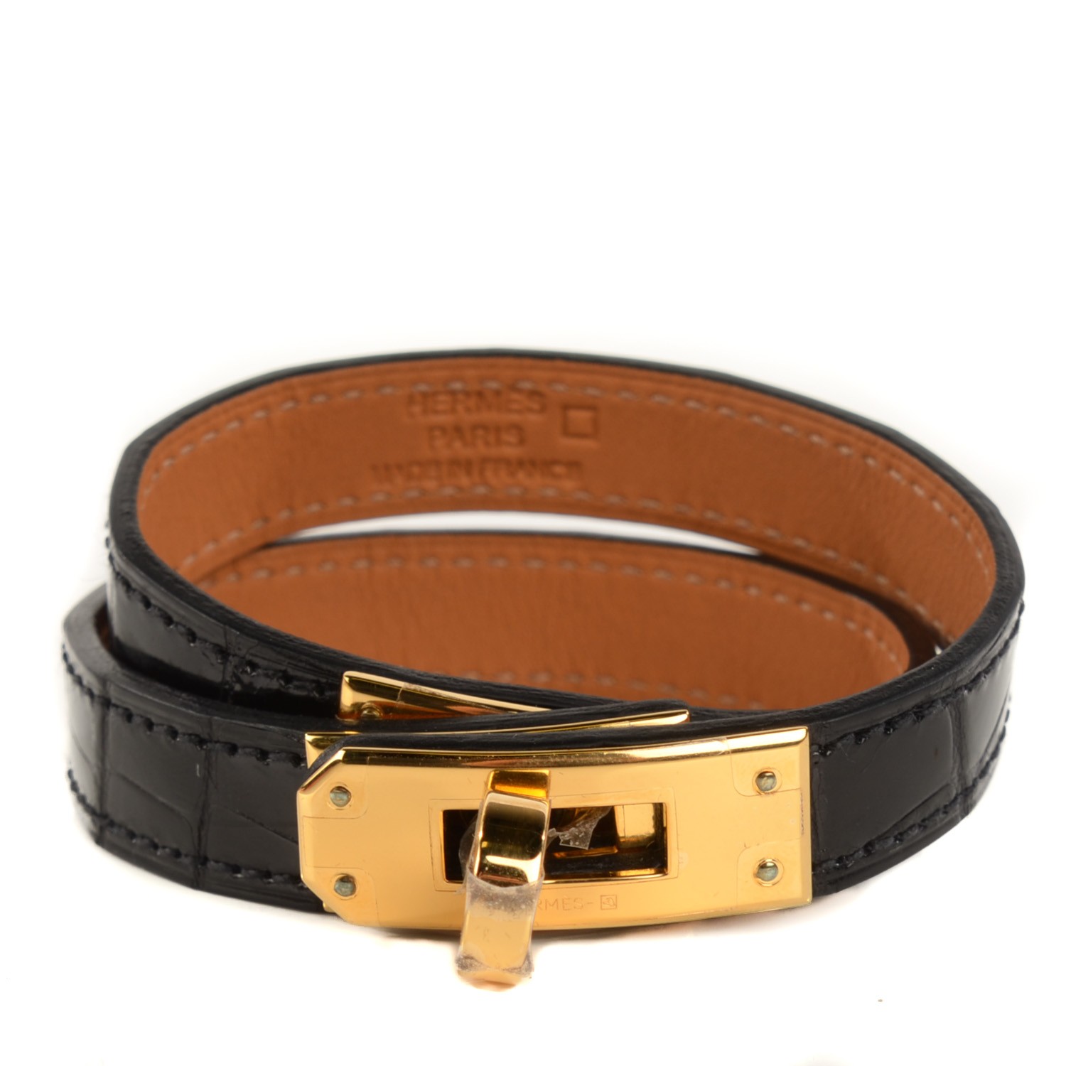 HERMES Shiny Alligator Kelly Double Tour Bracelet S Black 114963