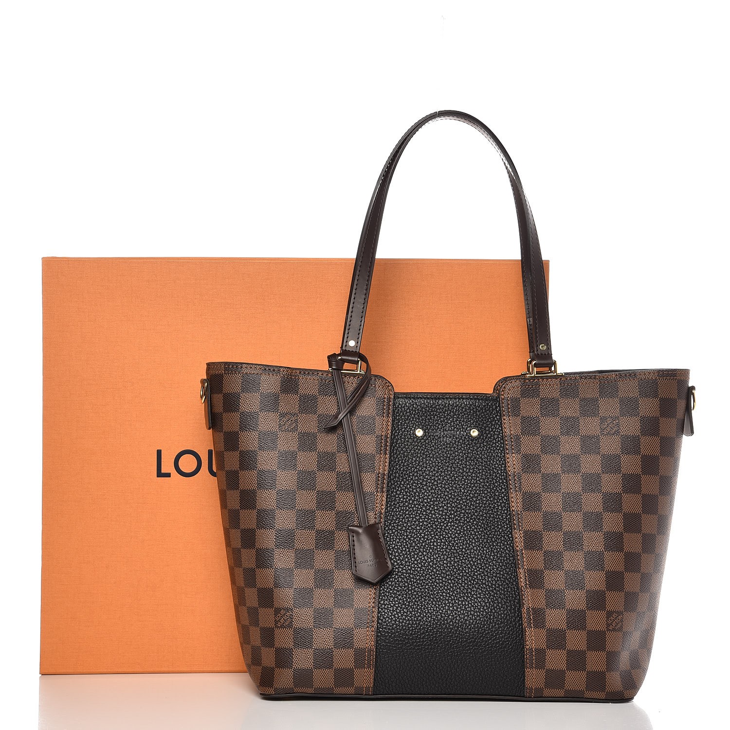Authentic Louis Vuitton Damier Ebene with Black Leather Jersey Tote Bag