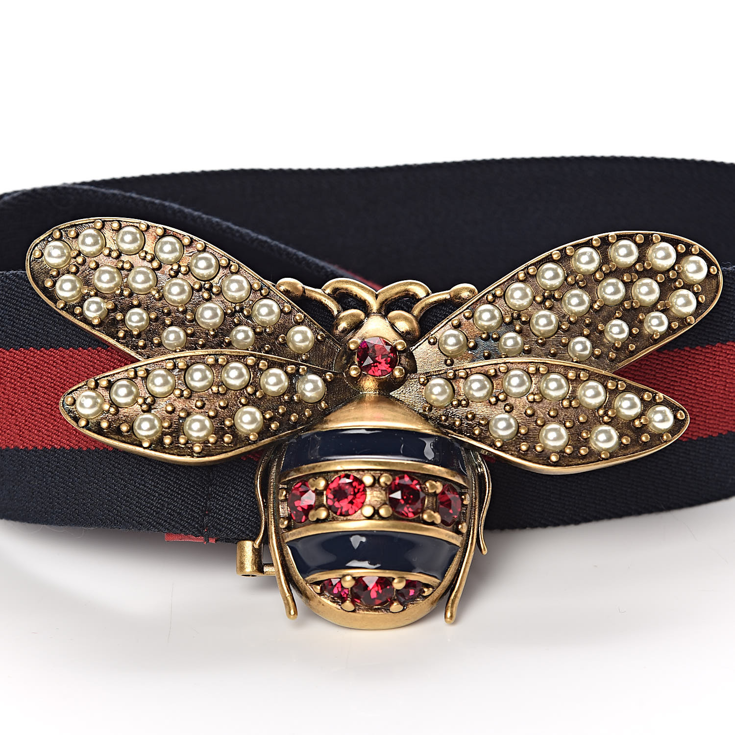 GUCCI Web Embellished Sylvie Bee Belt 75 30 Navy 425392