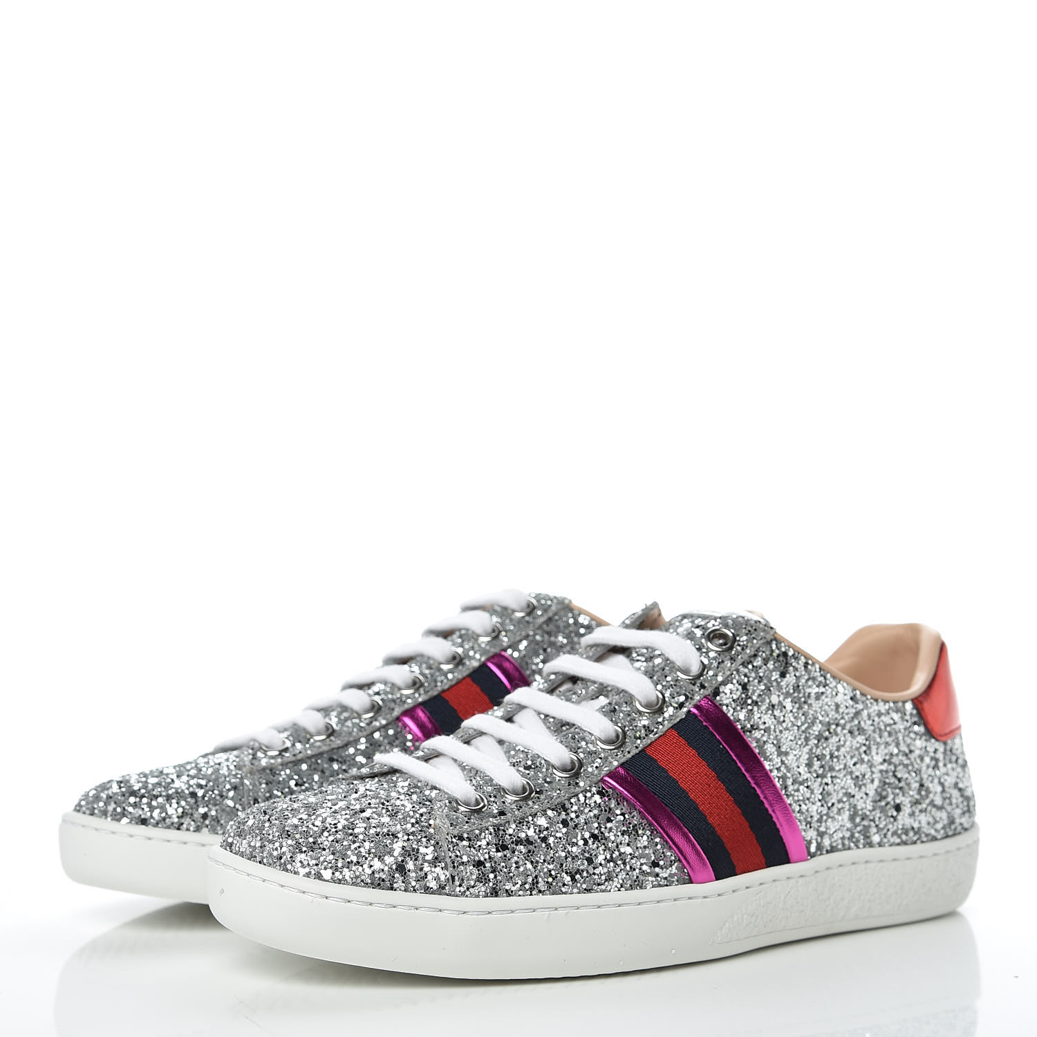 GUCCI Glitter Web Ace Sneakers 36 Silver 425844 | FASHIONPHILE