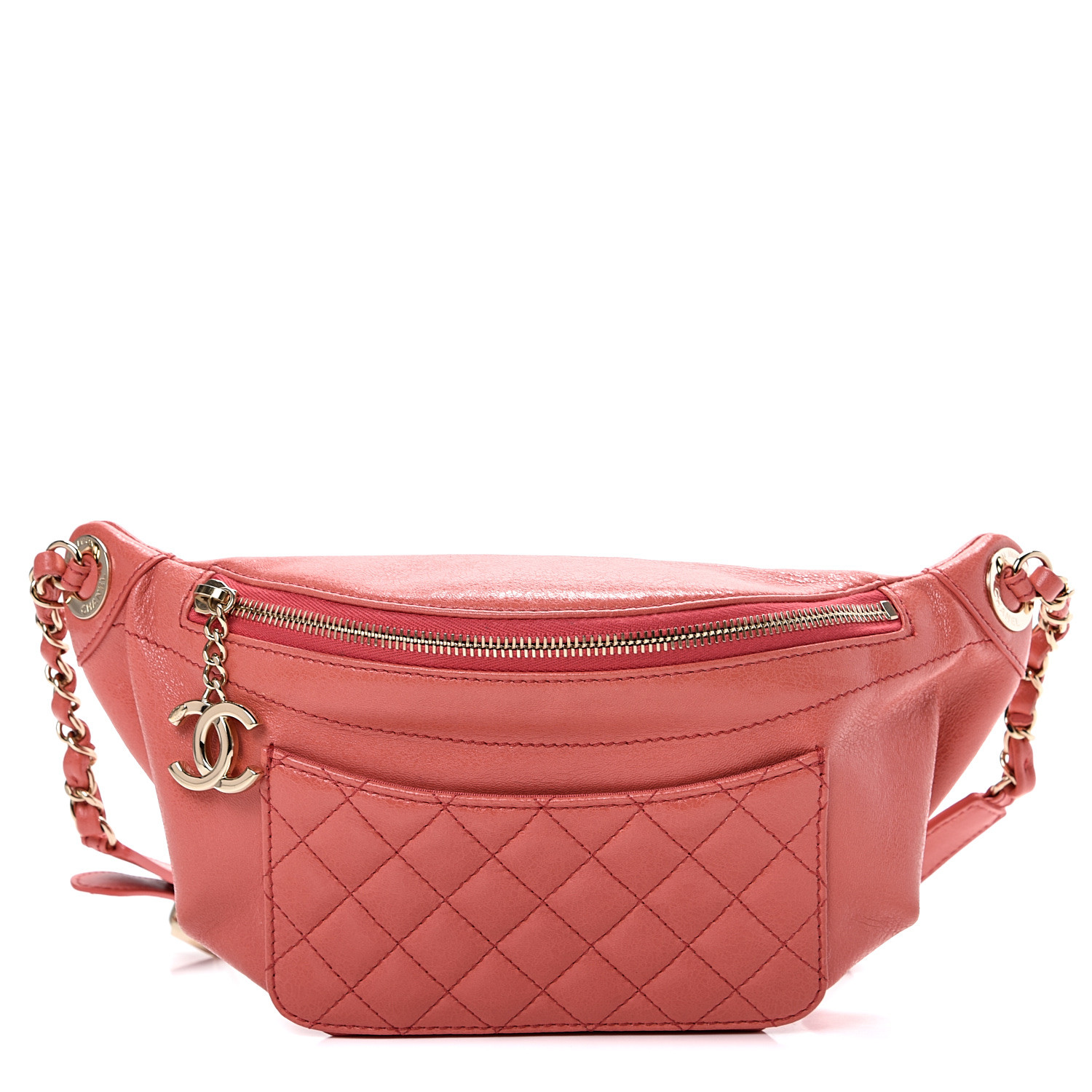 CHANEL Crumpled Glazed Lambskin Quilted Waist Bag Fanny Pack Pink 553090
