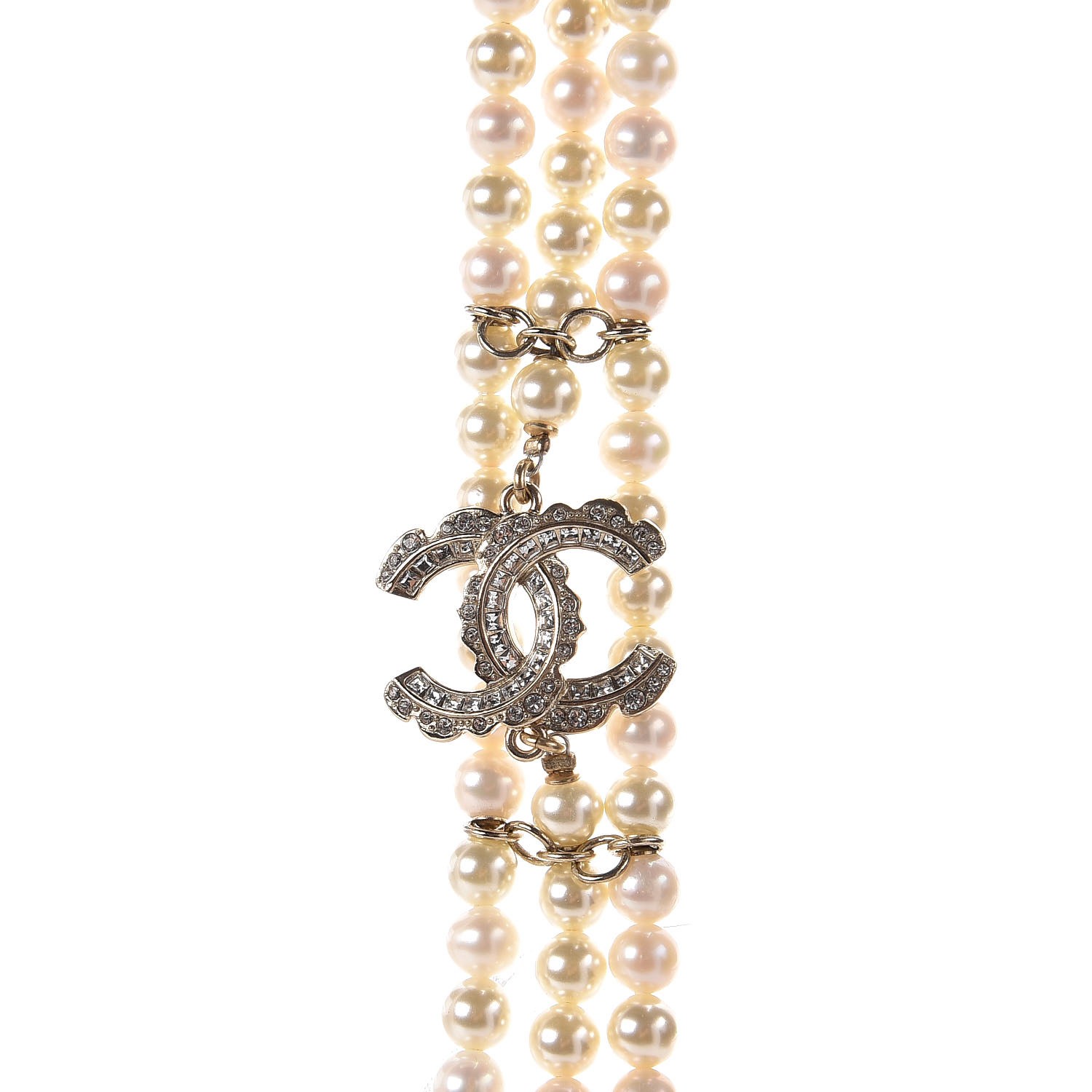 CHANEL Pearl Crystal CC Triple Strand Long Necklace Gold 294189