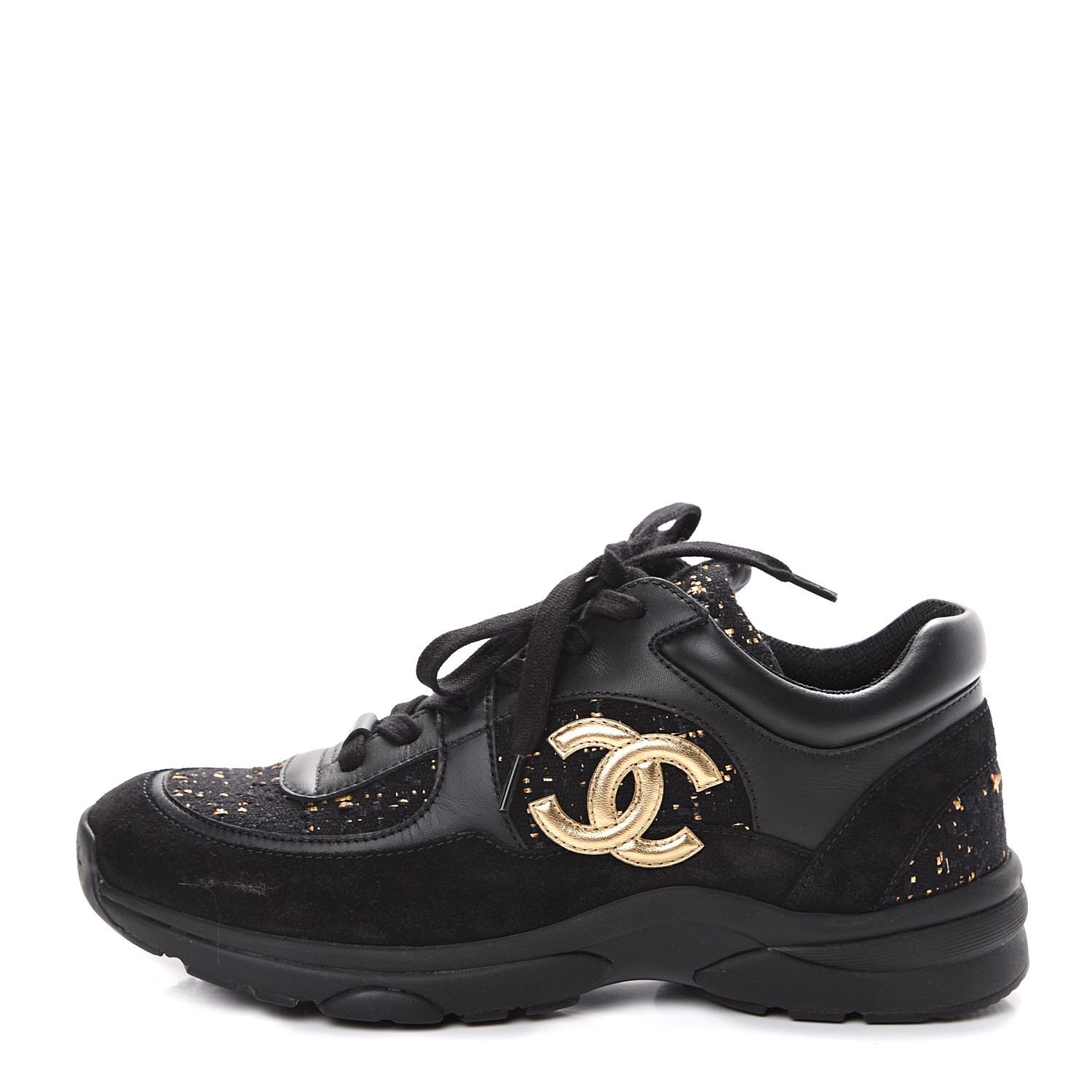 CHANEL Velour Tweed CC Sneakers 38.5 Black Gold 566105