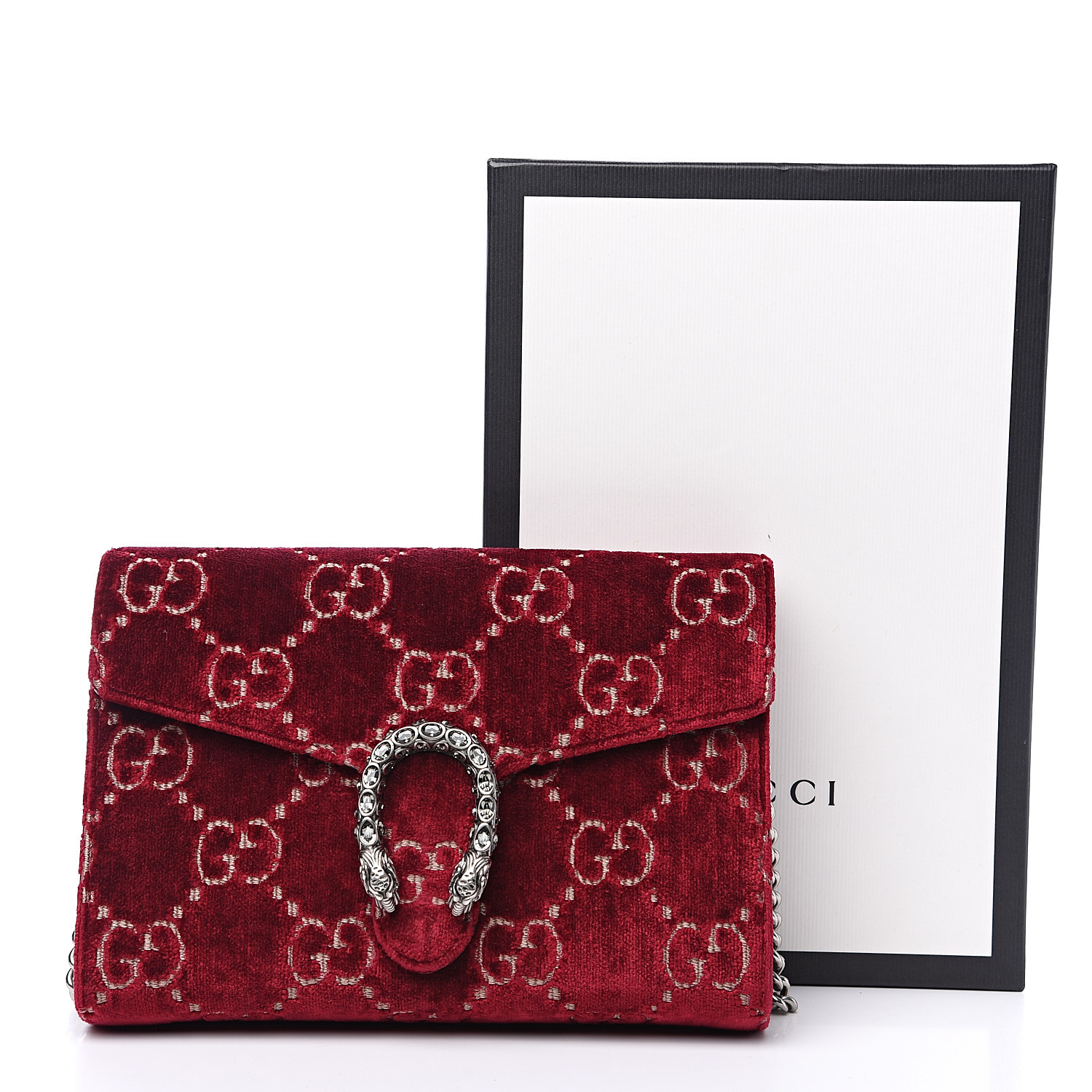 GUCCI Velvet GG Monogram Mini Dionysus Chain Wallet Red Cipria 564347