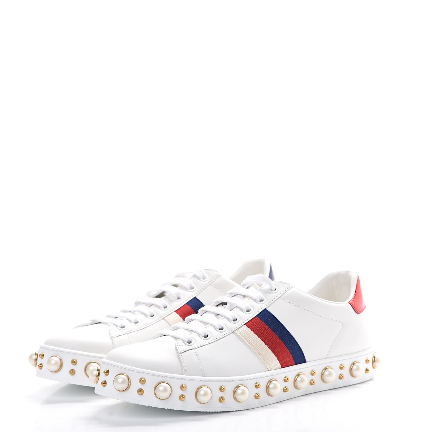 GUCCI Calfskin Pearl Studded Womens Sneakers 38.5 White 566290 ...