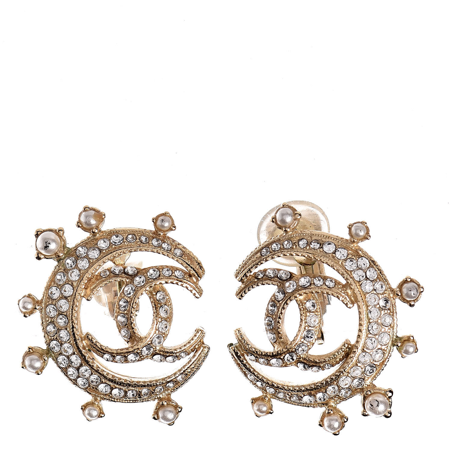 CHANEL Crystal Pearl CC Crescent Moon Clip On Earrings Gold 430671