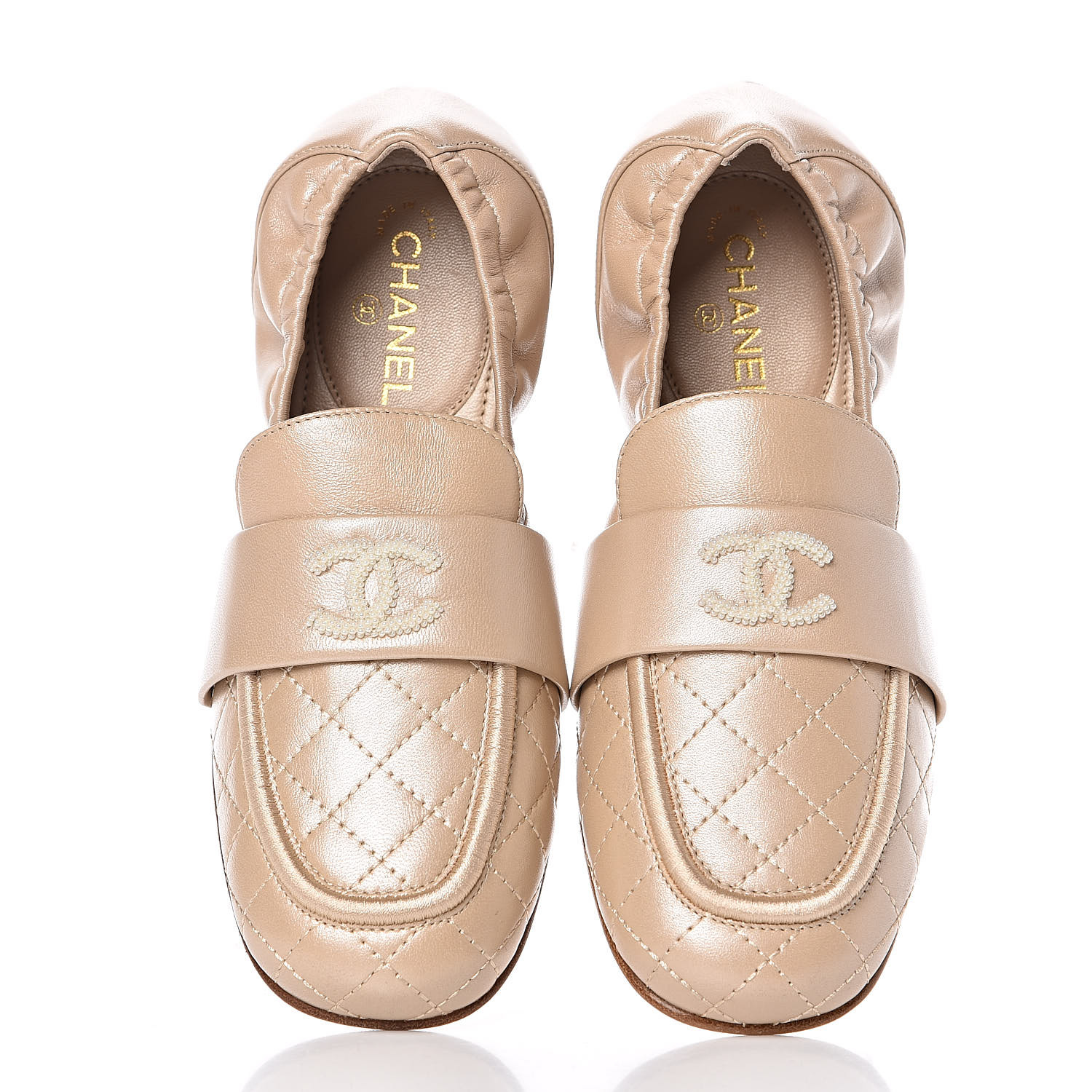 CHANEL Laminated Lambskin Womens Quilted Elastic CC Moccasin Loafers 34